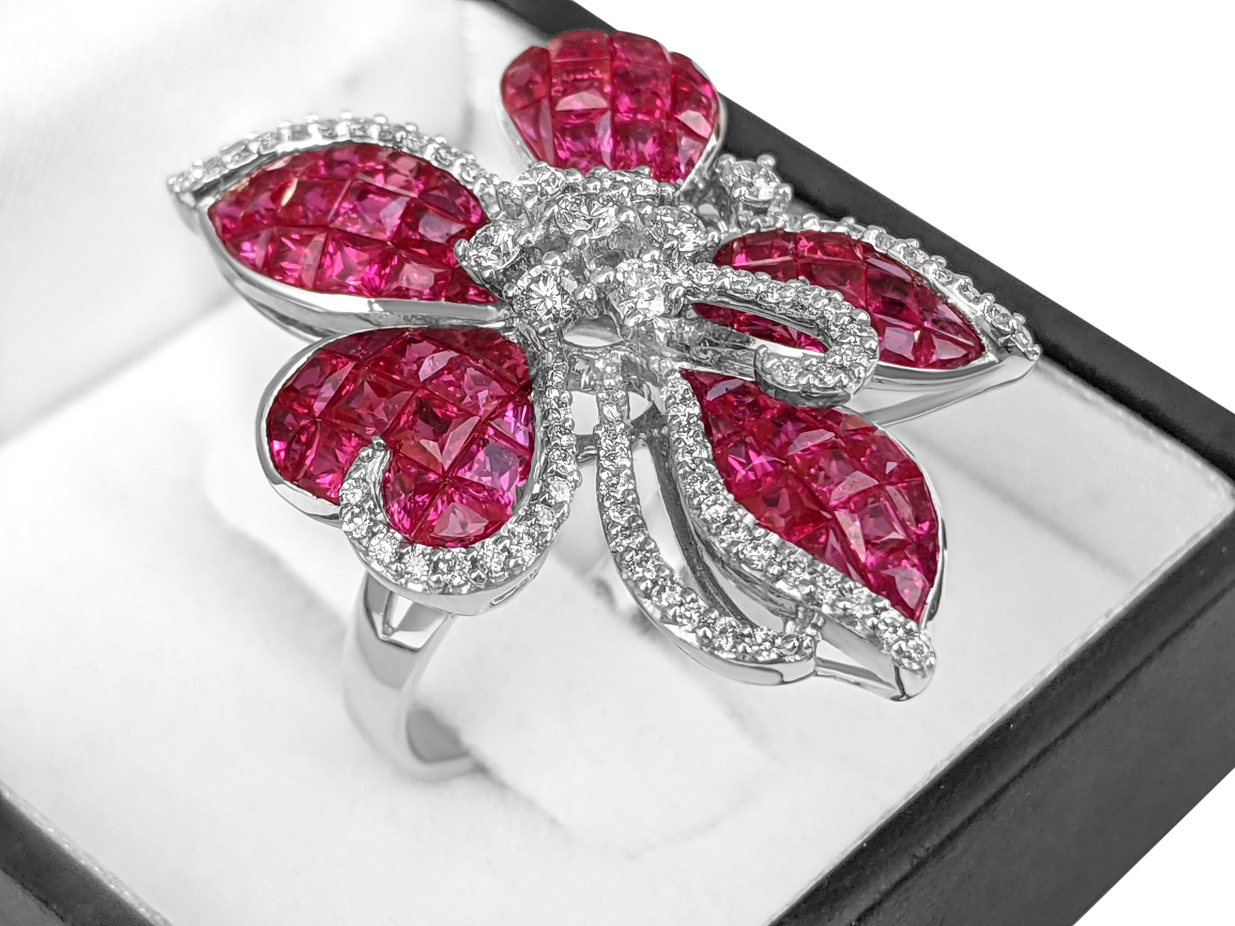 Mixed Cut $1 NO RESERVE! - AAA 5.01 Carat Red Ruby & 0.63ct Diamonds, 18K White Gold Ring