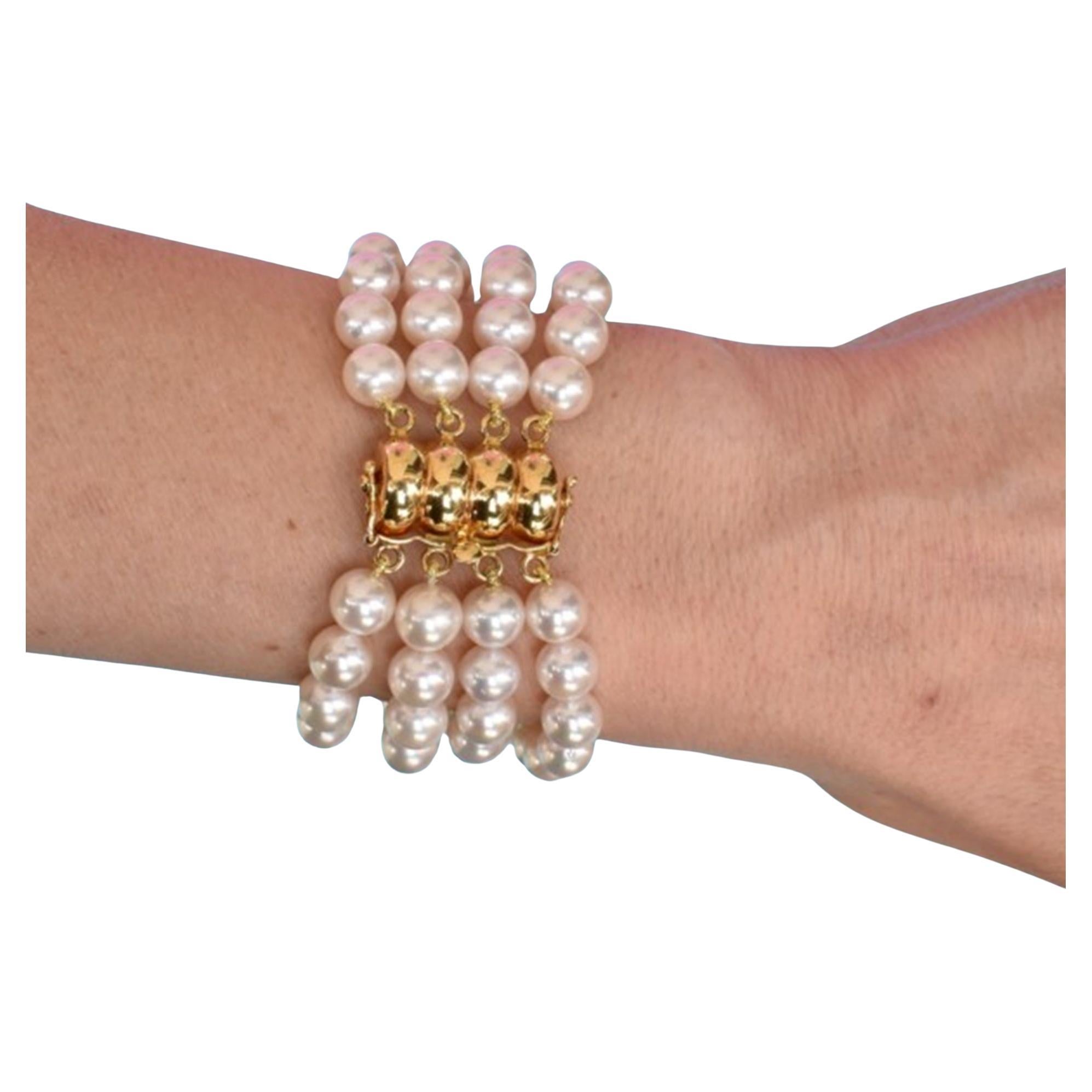 AAA+ Akoya Three Row Pearls 18k Yellow Gold Bracelet