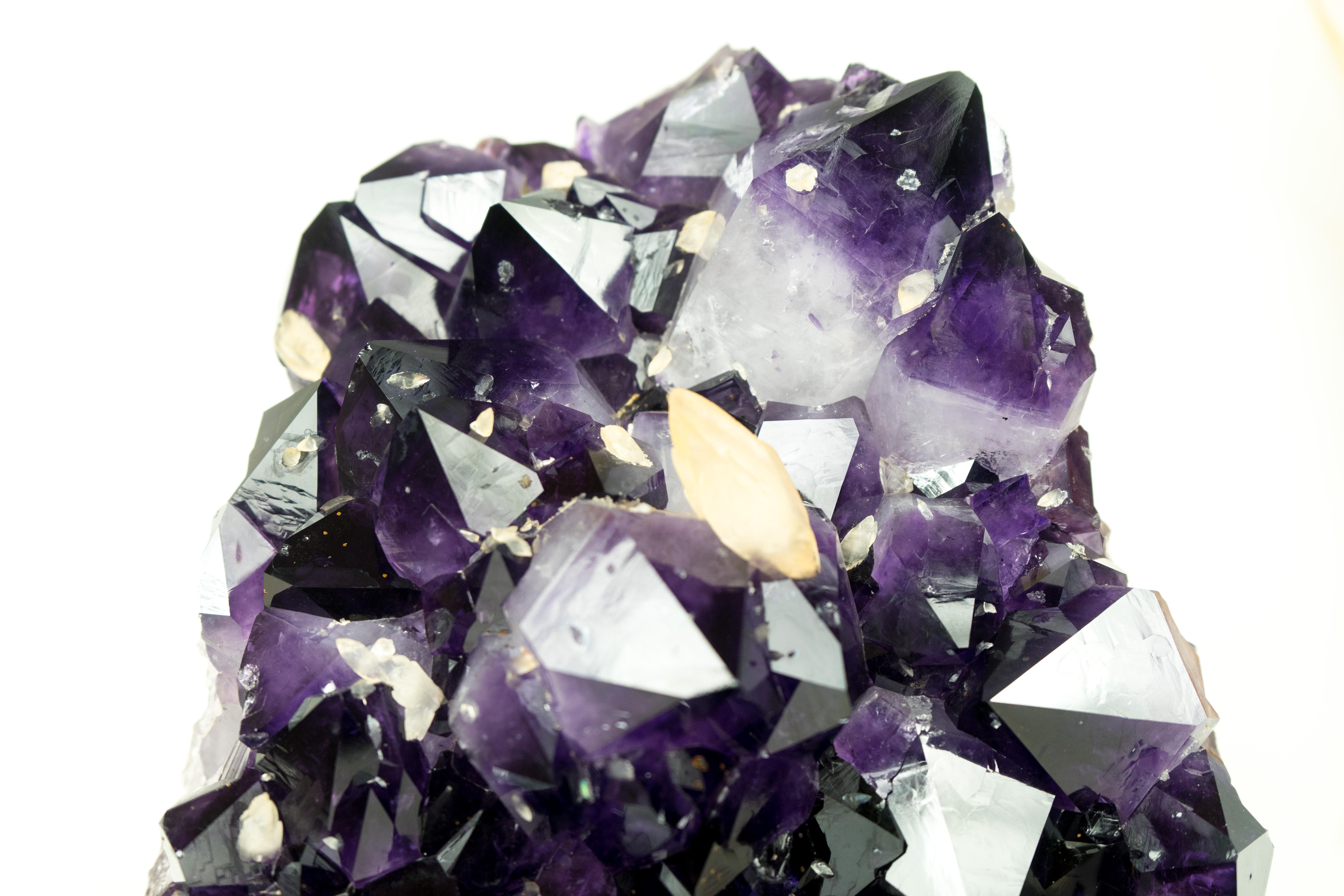Brazilian AAA Amethyst Cluster with Large Dark Purple Amethyst and Calcite Inclusions For Sale