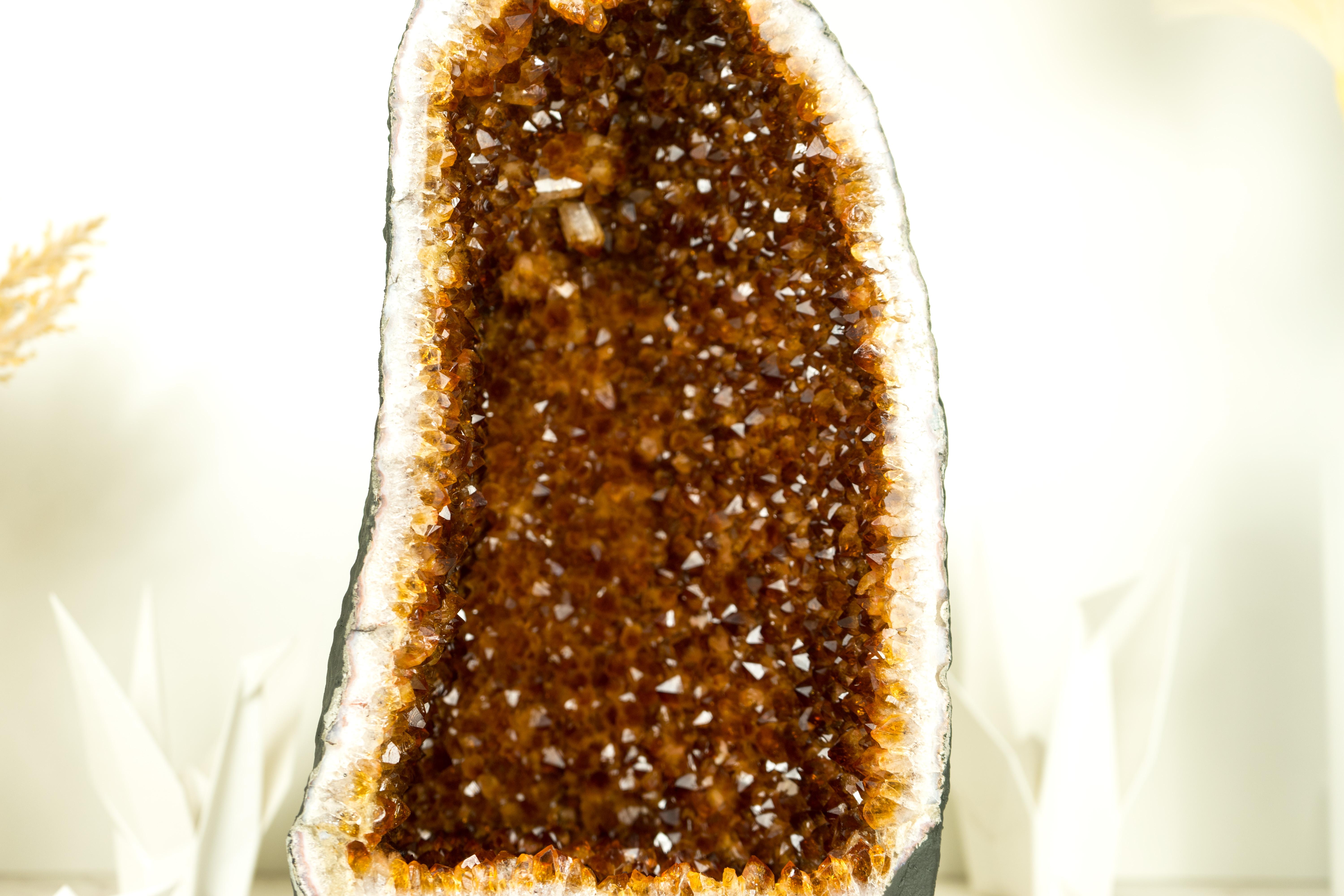 Gorgeous in many ways, this Madeira Citrine Geode is a masterpiece that showcases special and rare characteristics, from its vibrant madeira citrine color, AAA points, to its flawless formation. This AAA (AKA Super Extra) grade Citrine is a