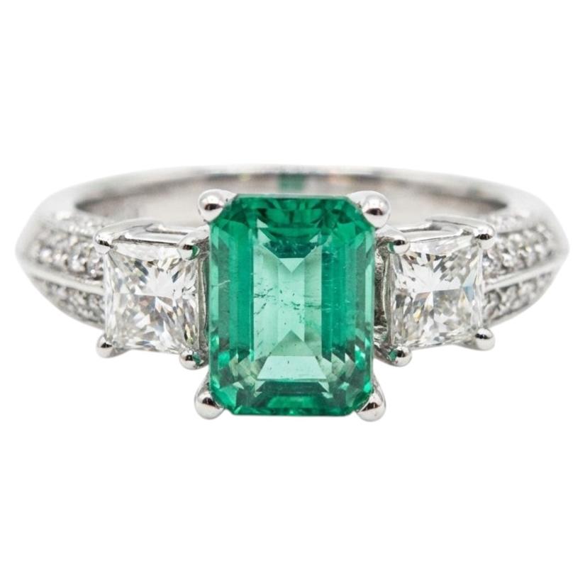 Bague en or blanc 14k diamant émeraude colombienne AAA 2,50ctw princesse et ronde