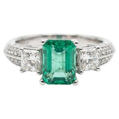AAA Colombian Emerald Diamond Ring 14k White Gold 2.50ctw Princess & Round