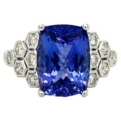 AAA Cushion Tanzanite and Diamond Ring in 14K White Gold