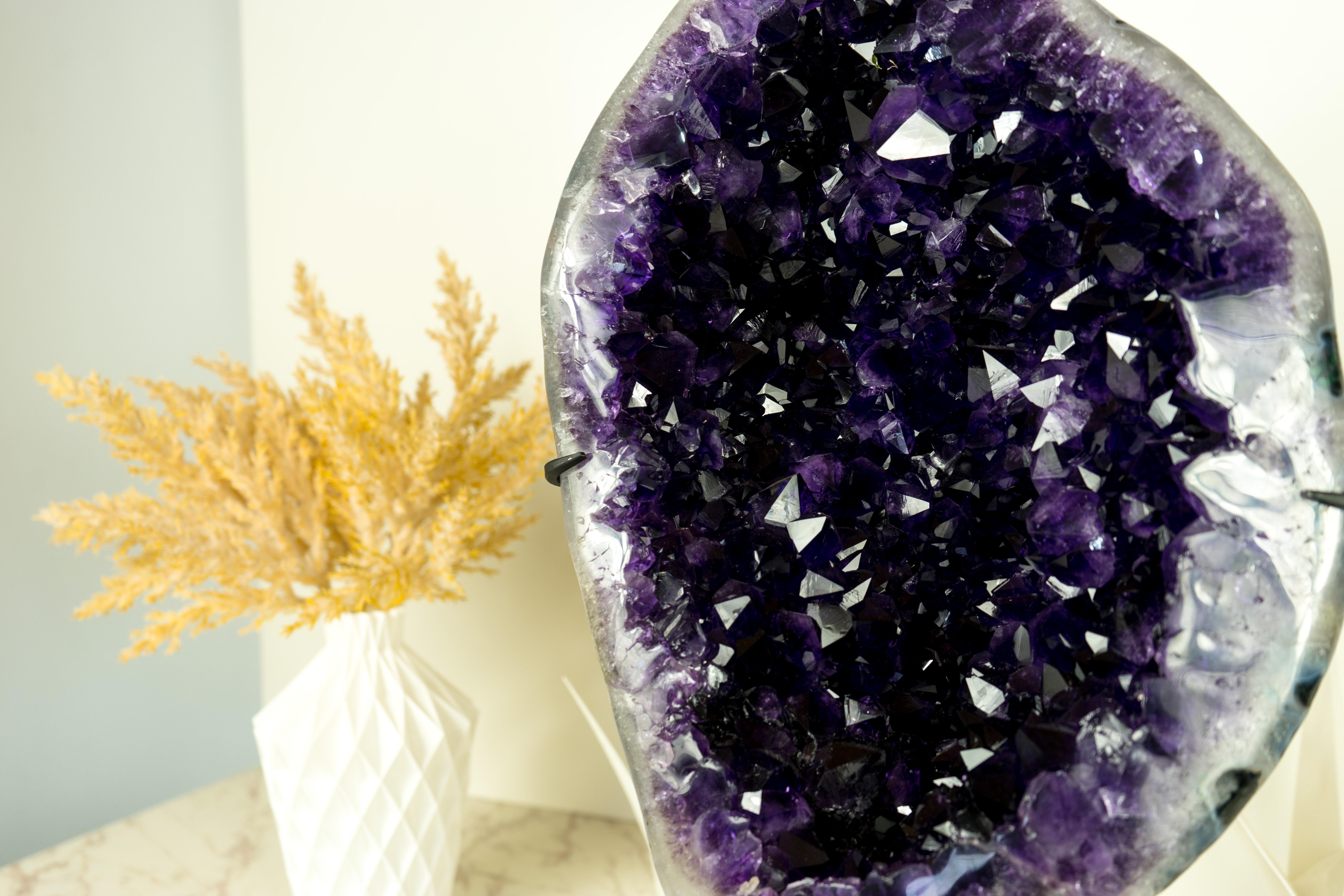 AAA Deep Purple Amethyst Geode with Polished Agate Canvas on Stand For Sale 7