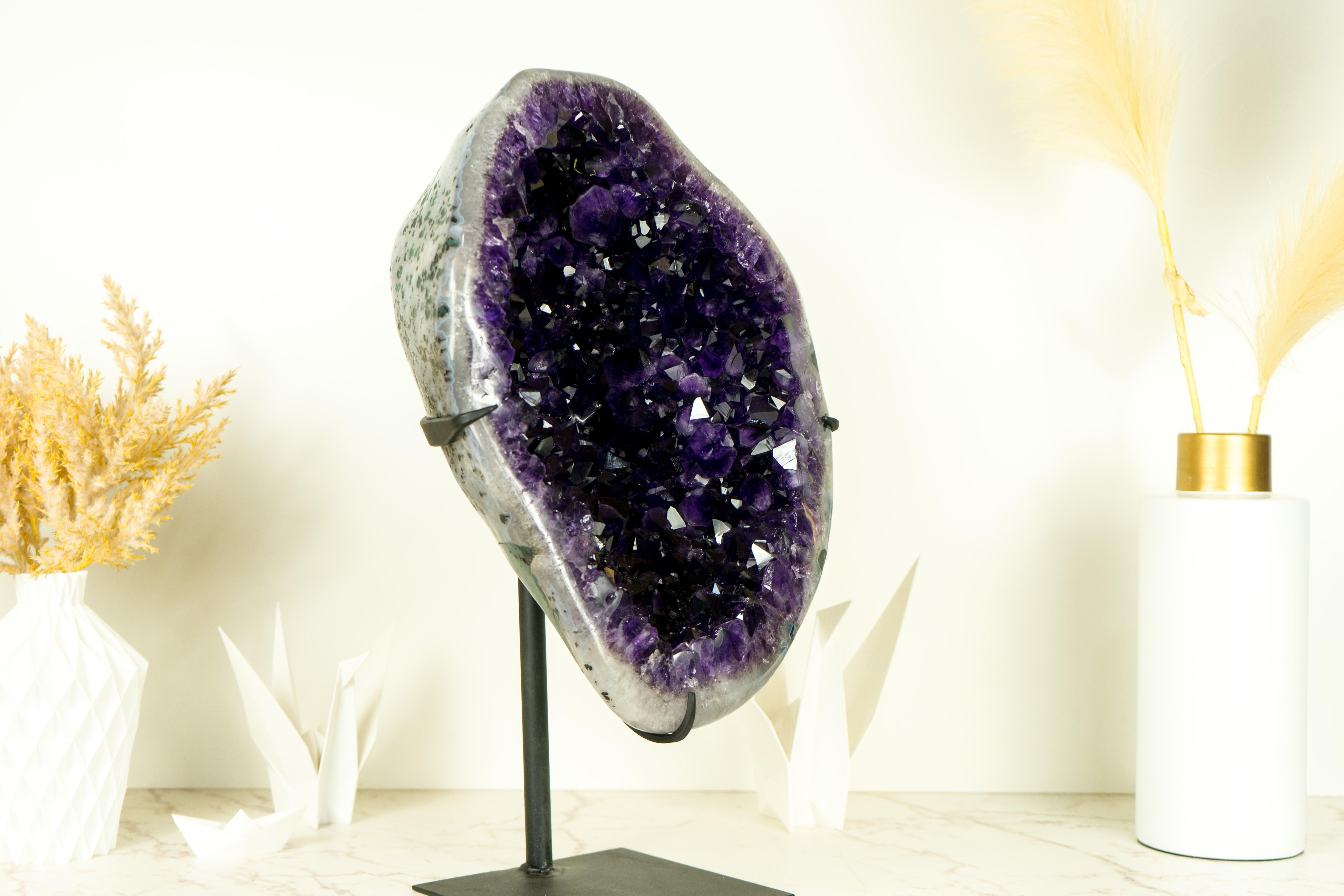 Brazilian AAA Deep Purple Amethyst Geode with Polished Agate Canvas on Stand For Sale