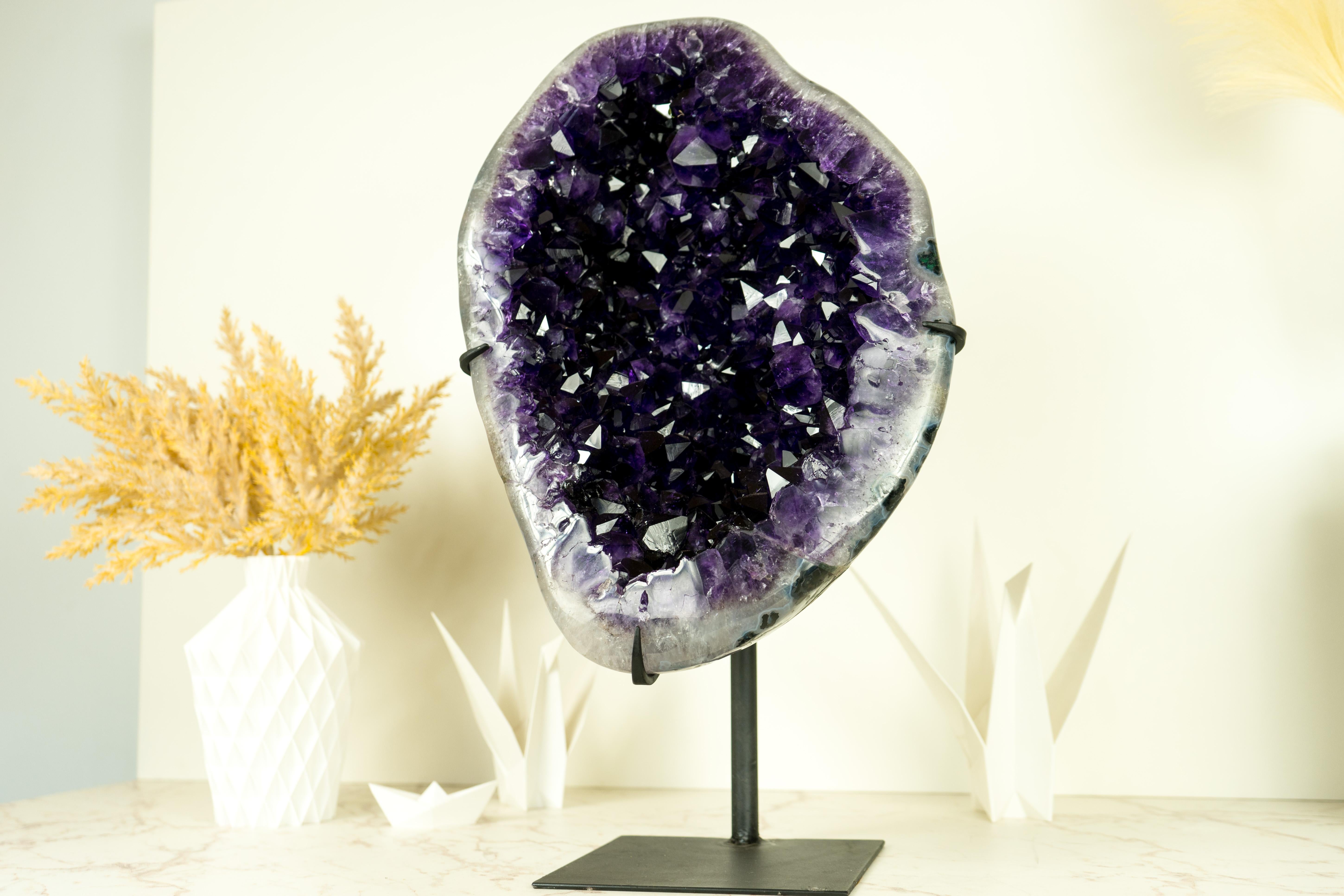 AAA Deep Purple Amethyst Geode with Polished Agate Canvas on Stand For Sale 1