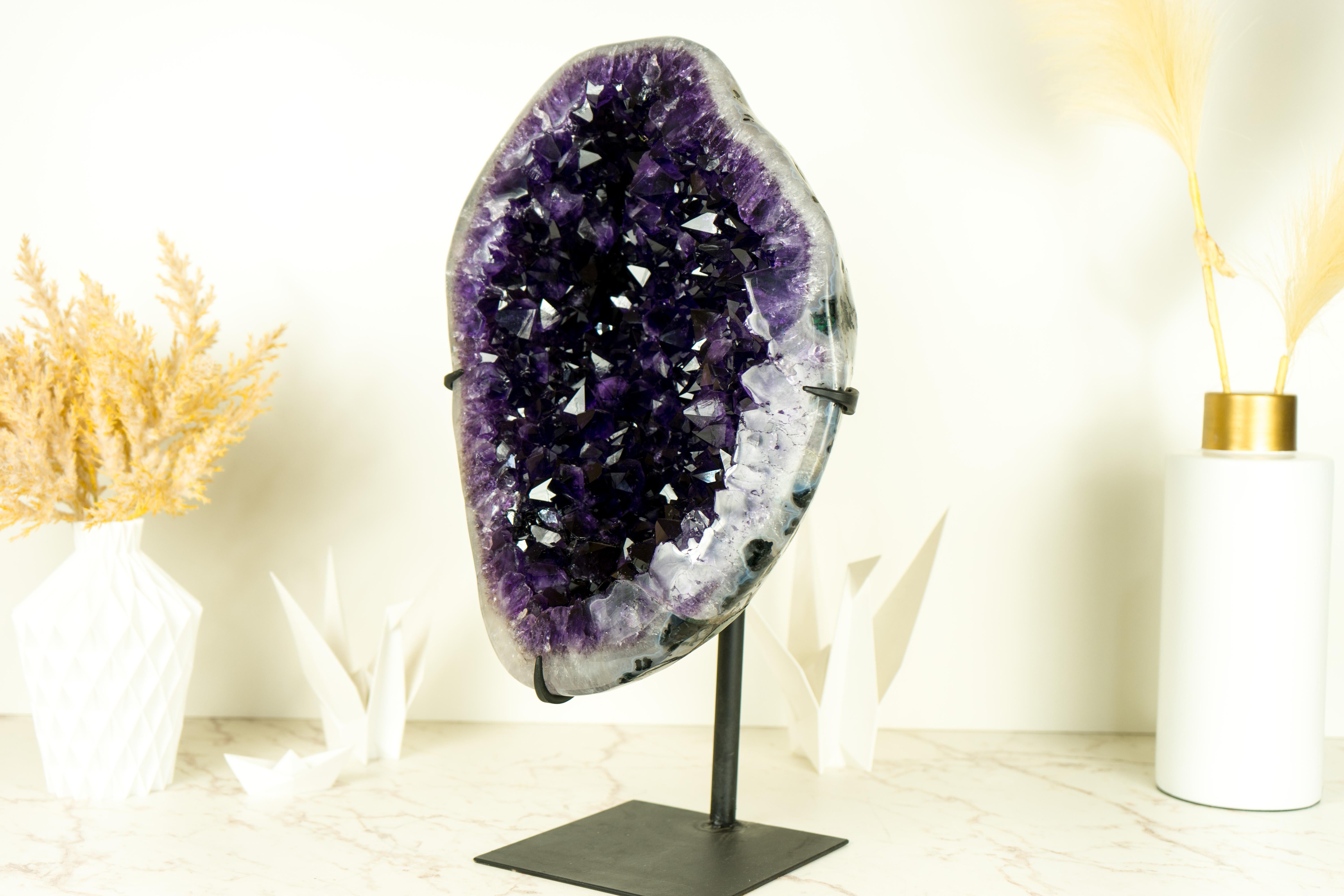 AAA Deep Purple Amethyst Geode with Polished Agate Canvas on Stand For Sale 1