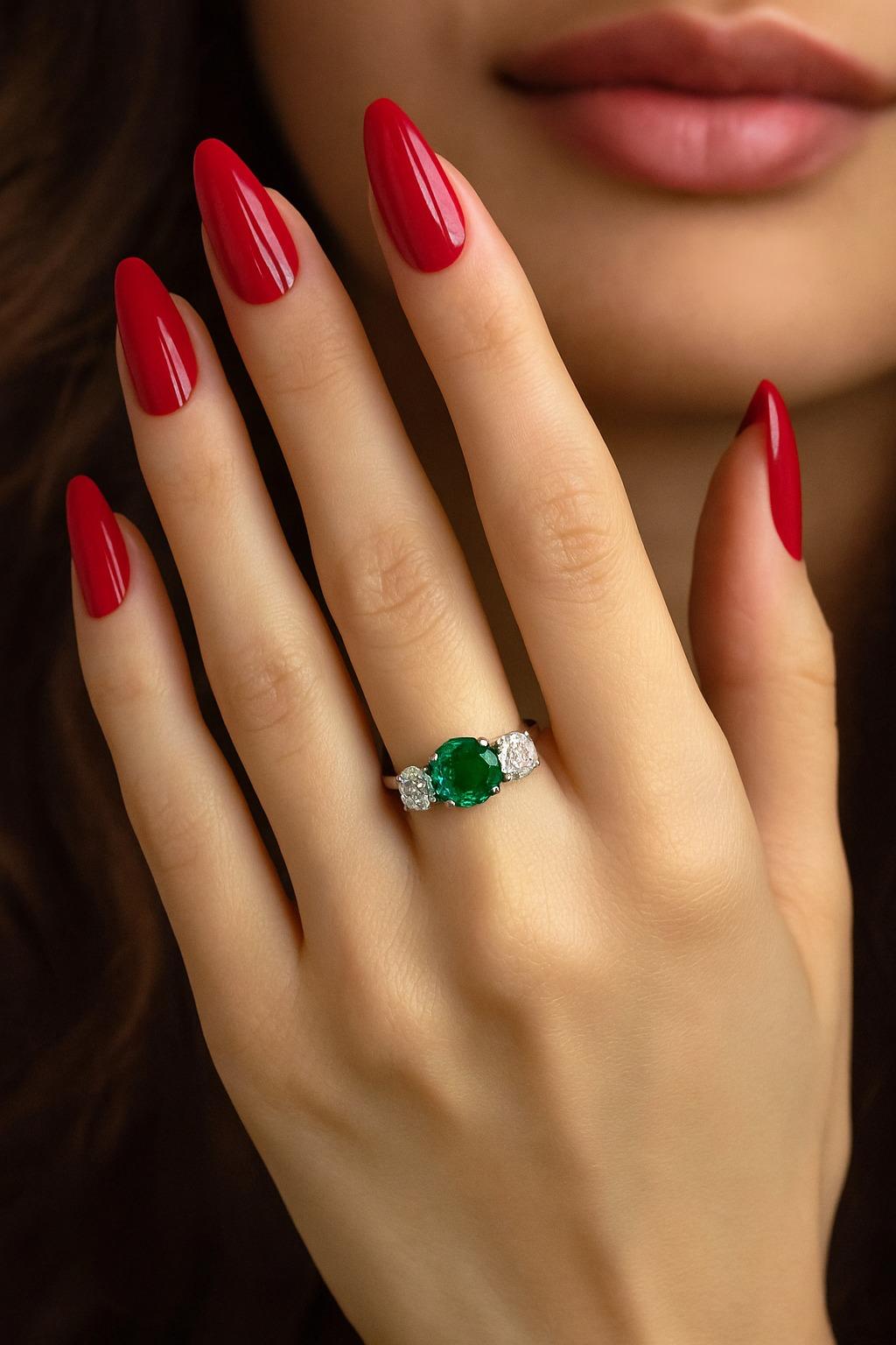 Contemporain AAA  Bague de fiançailles à trois pierres en émeraude et diamant en vente