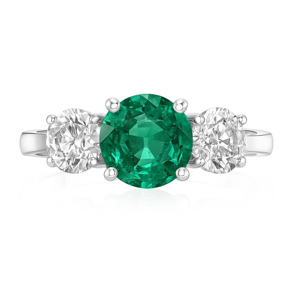 Taille ronde AAA  Bague de fiançailles à trois pierres en émeraude et diamant en vente