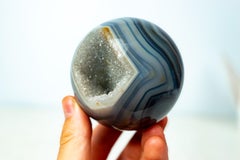 AAA-Grade Blue Banded Agate Geode Sphere with Druzy Cave