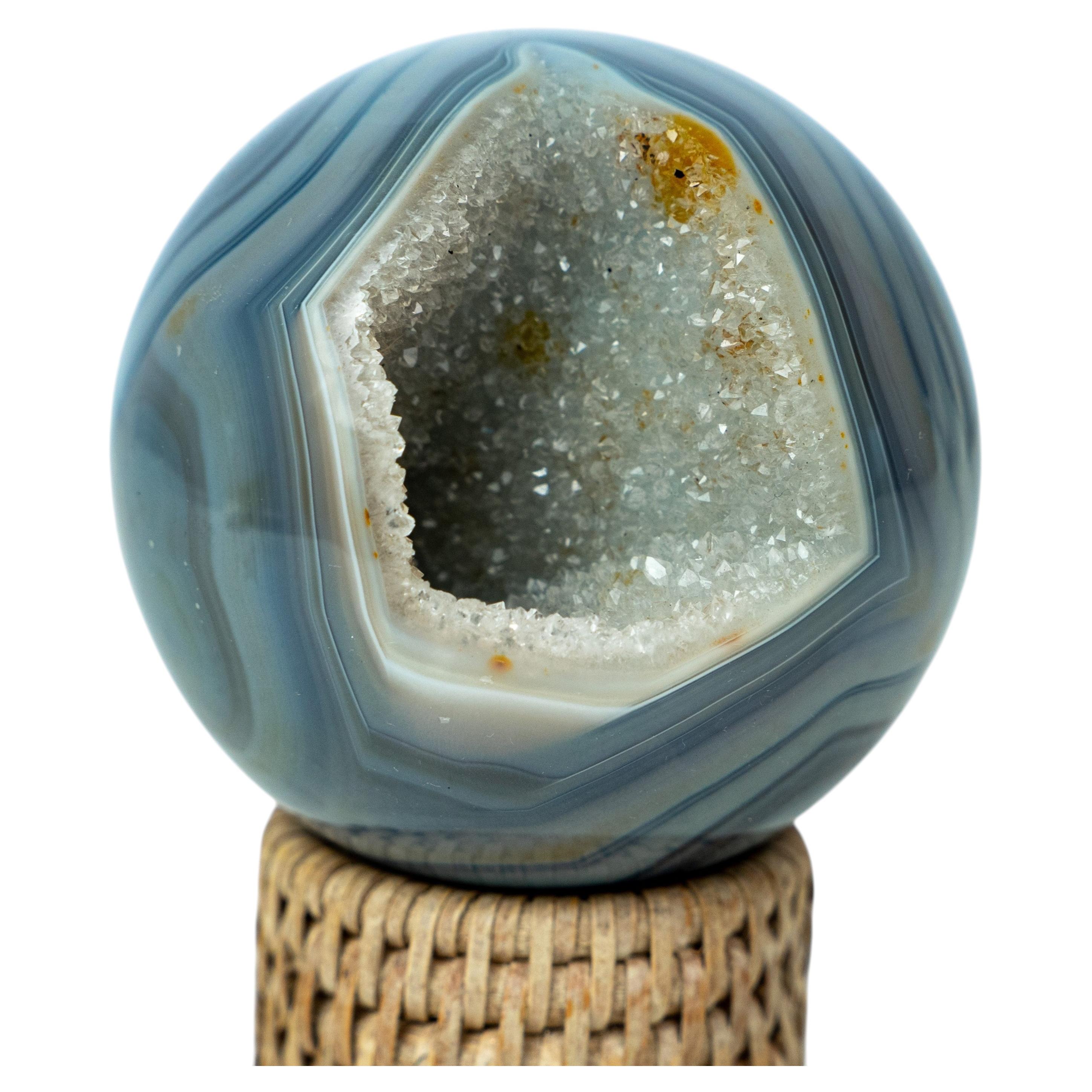 AAA-Grade Blue Banded Agate Geode Sphere with Druzy Cave For Sale