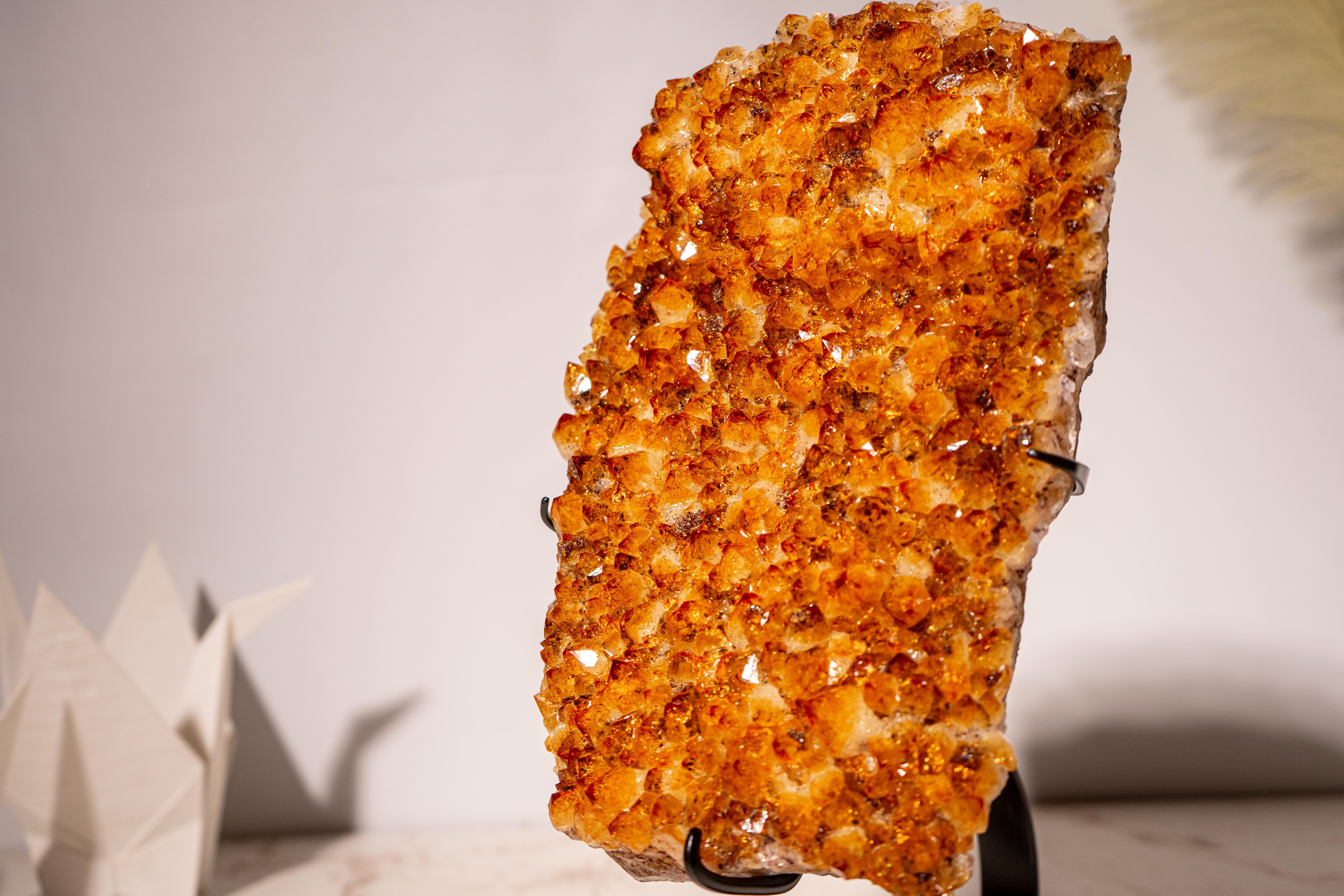 Citrine Cluster with Sparkly, Intense Golden Orange Druzy on Custom Metal Stand For Sale 4