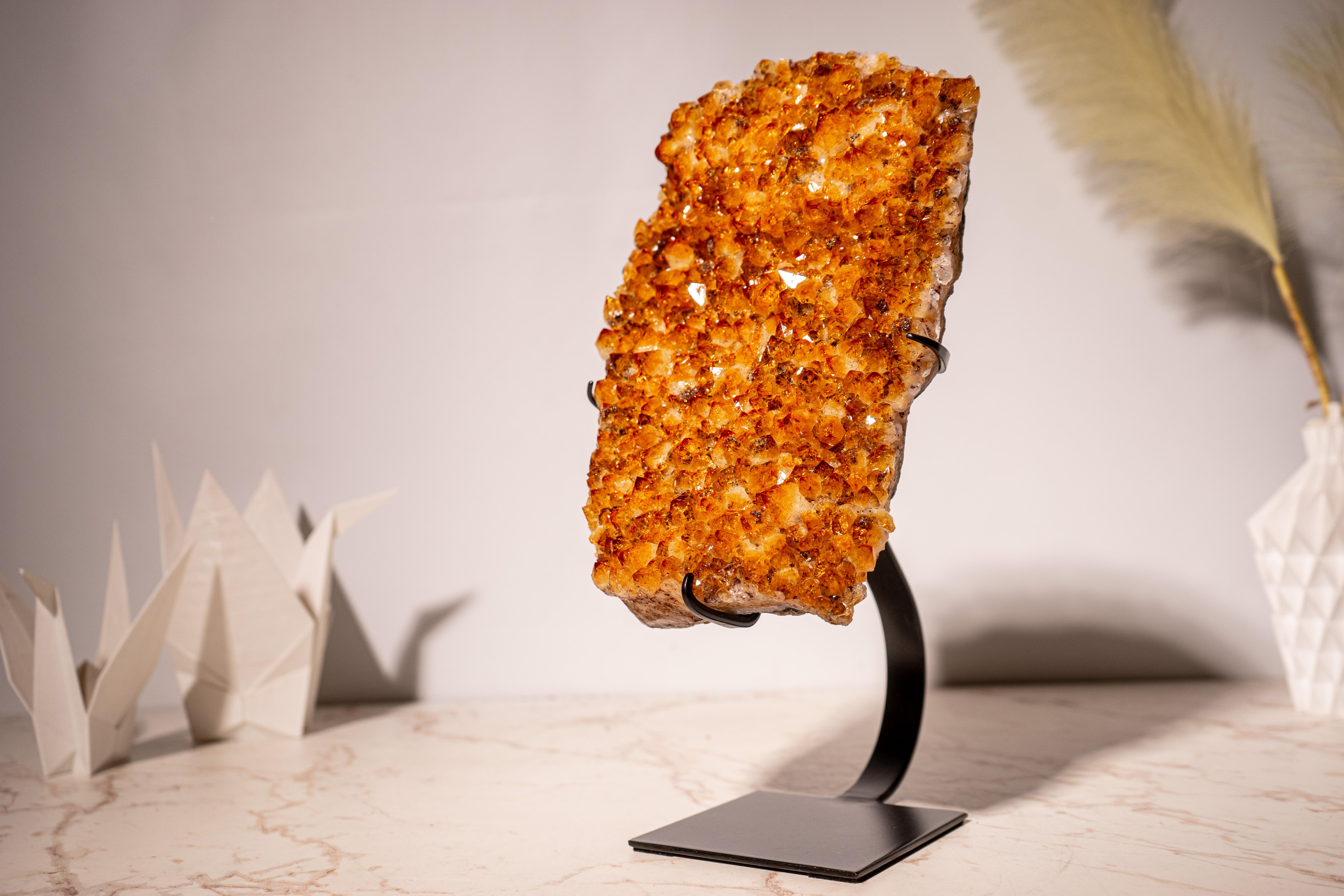 Citrine Cluster with Sparkly, Intense Golden Orange Druzy on Custom Metal Stand For Sale 5