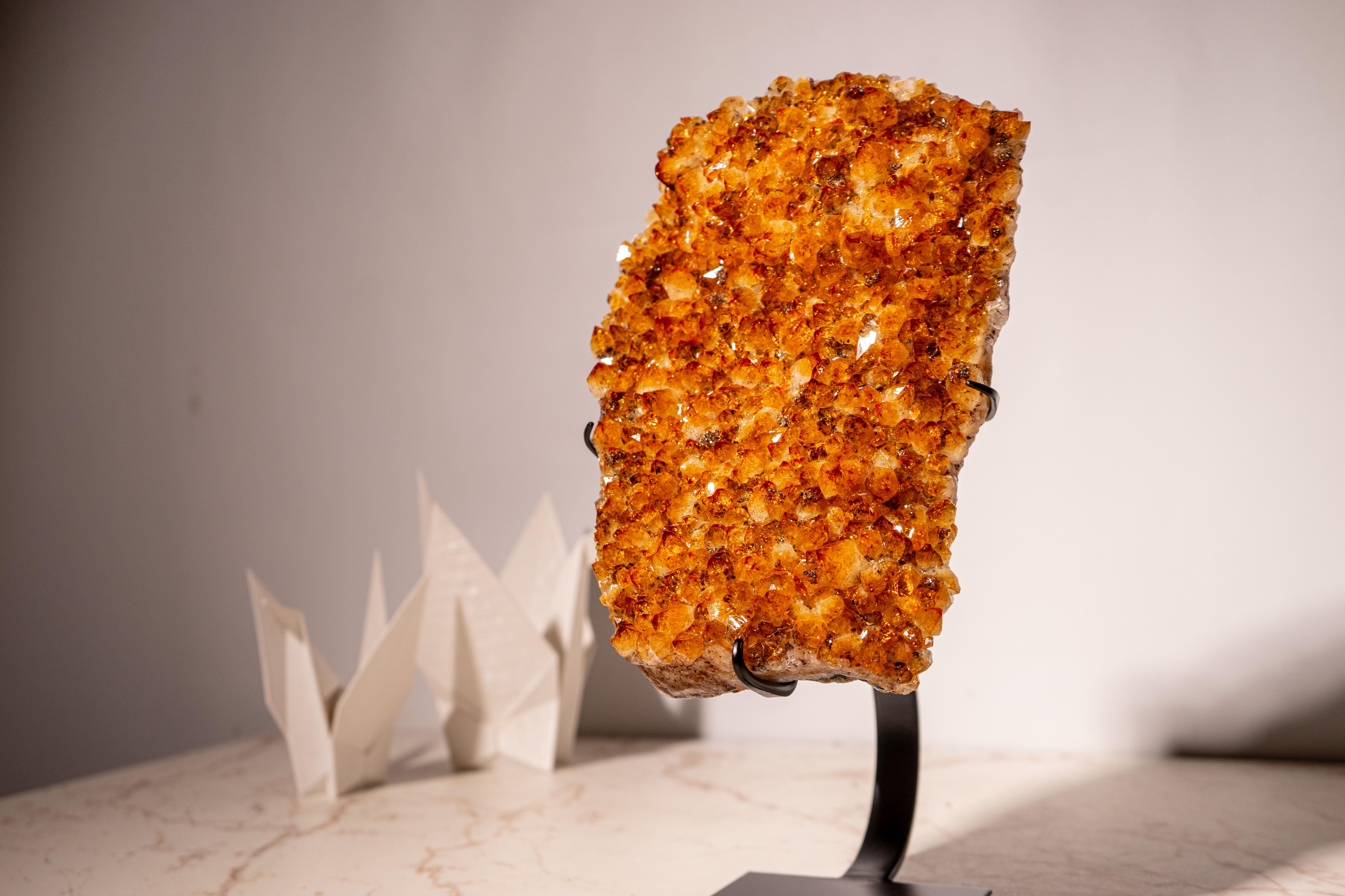 Brazilian Citrine Cluster with Sparkly, Intense Golden Orange Druzy on Custom Metal Stand For Sale