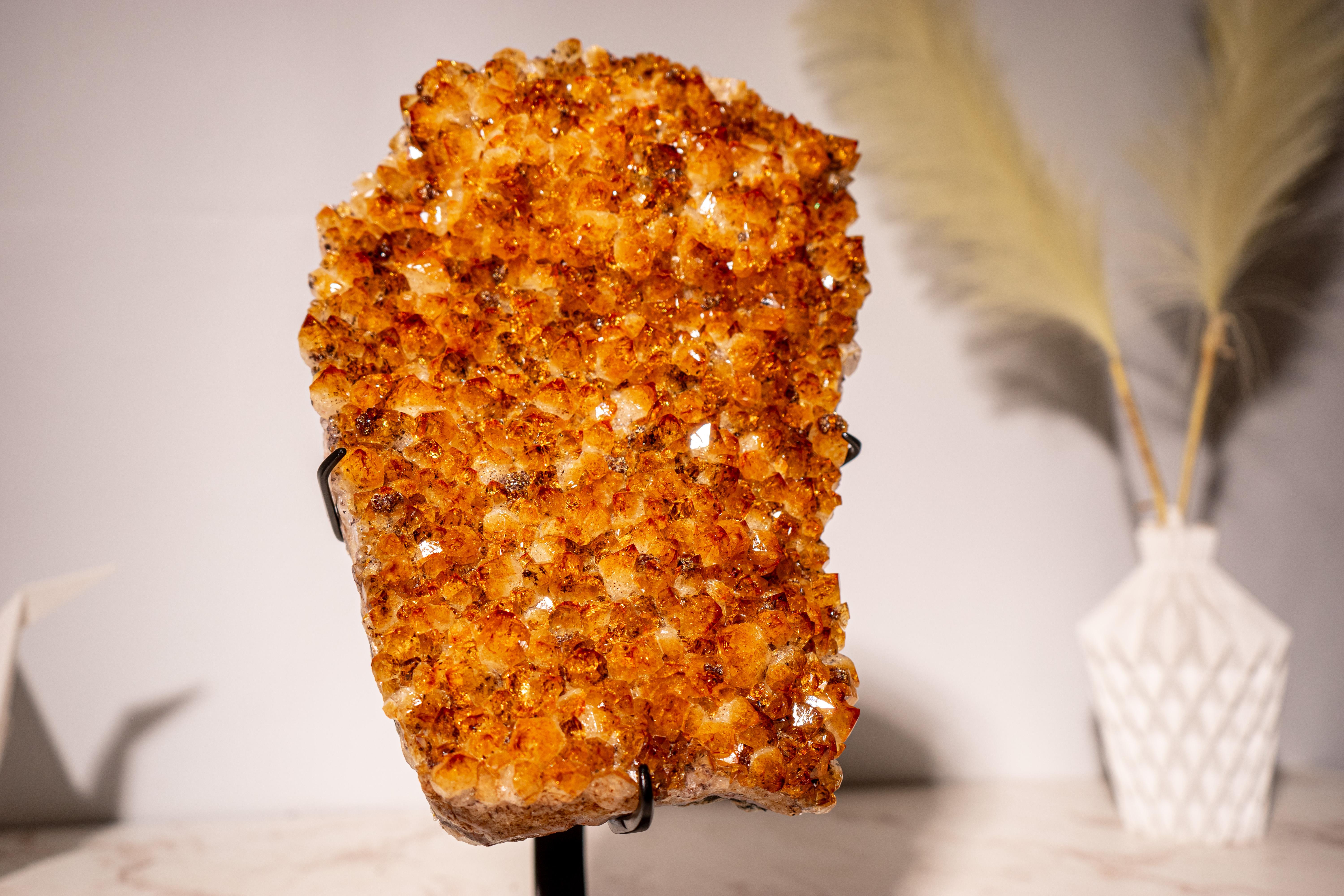 Contemporary Citrine Cluster with Sparkly, Intense Golden Orange Druzy on Custom Metal Stand For Sale