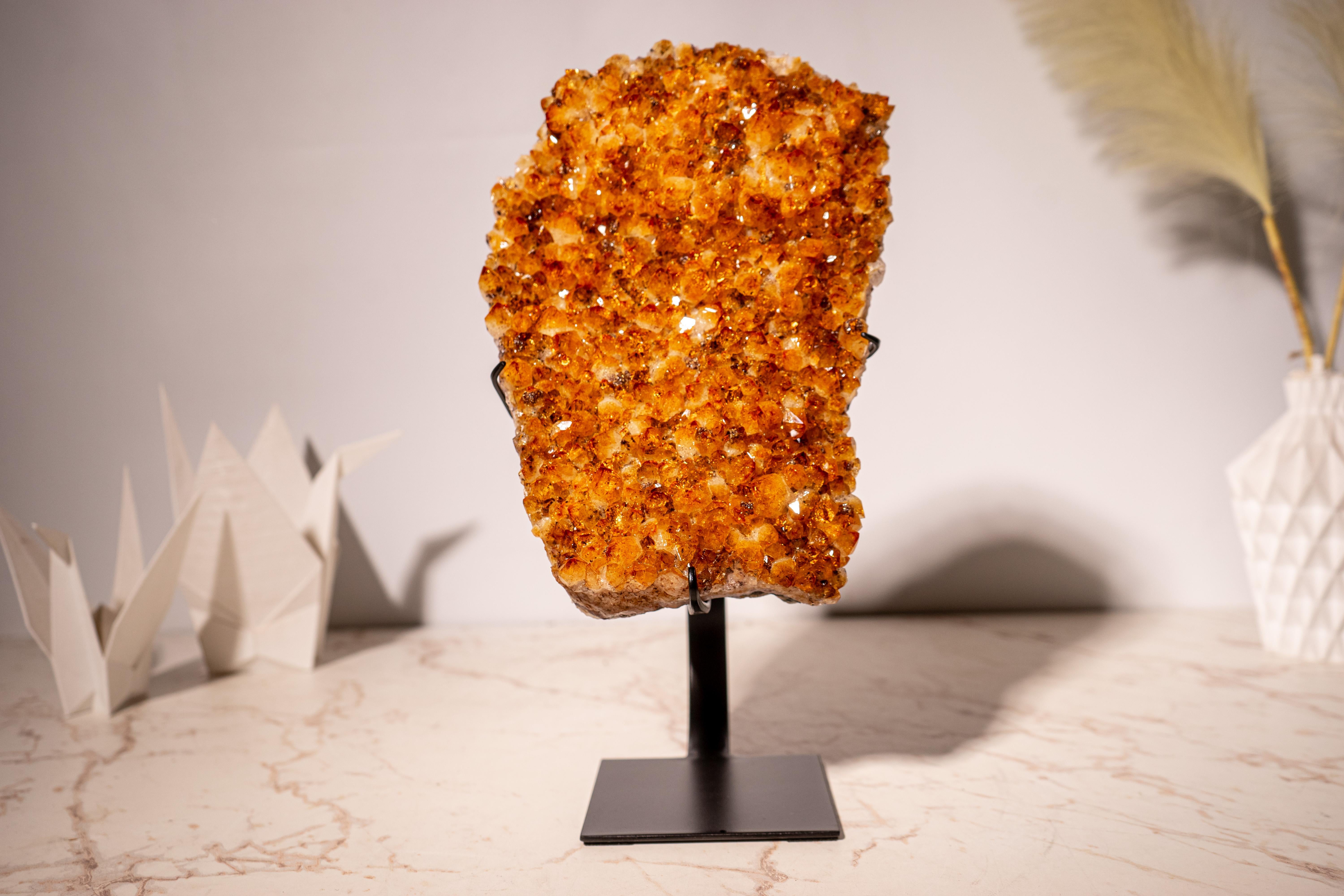 Crystal Citrine Cluster with Sparkly, Intense Golden Orange Druzy on Custom Metal Stand For Sale