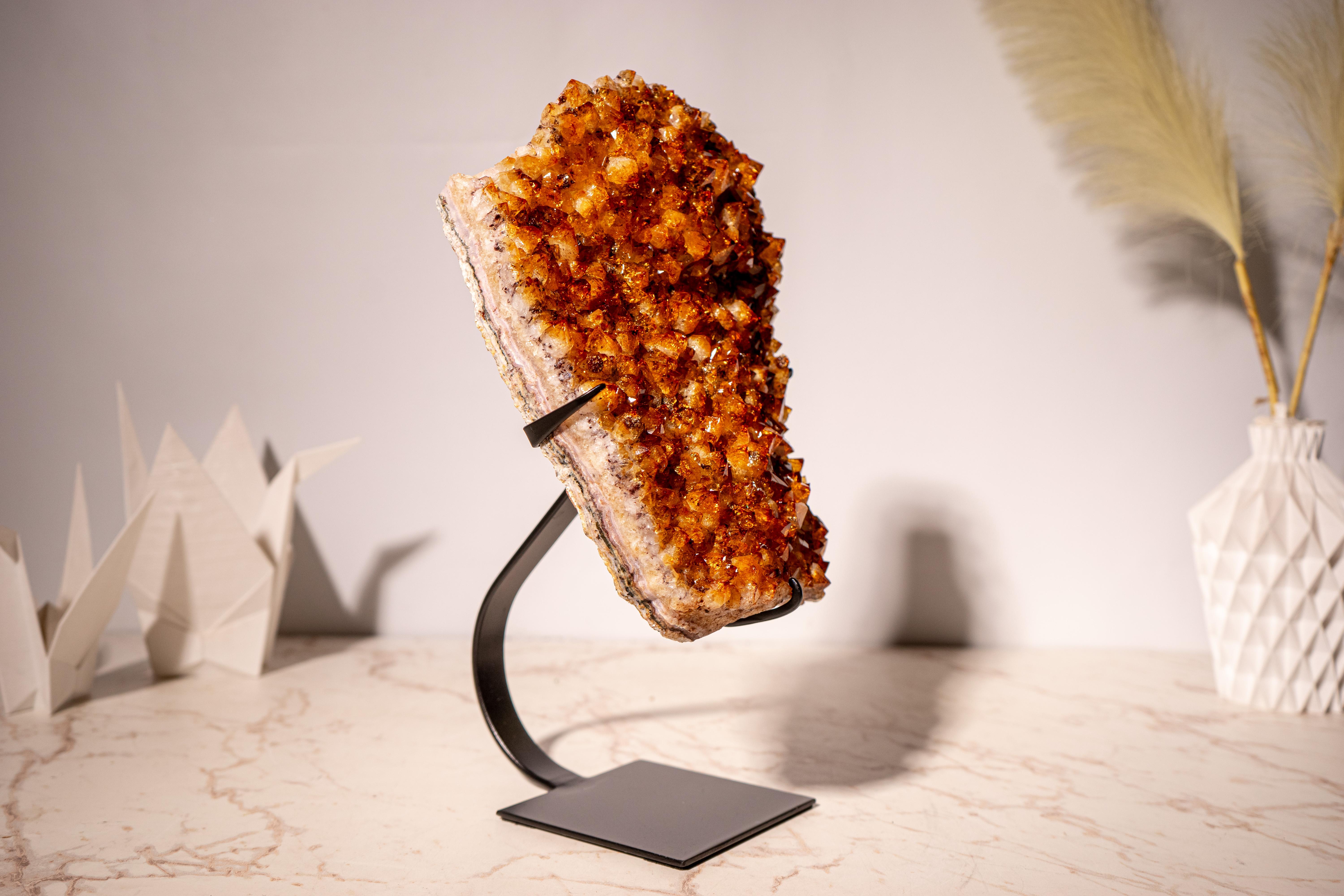 Citrine Cluster with Sparkly, Intense Golden Orange Druzy on Custom Metal Stand For Sale 2