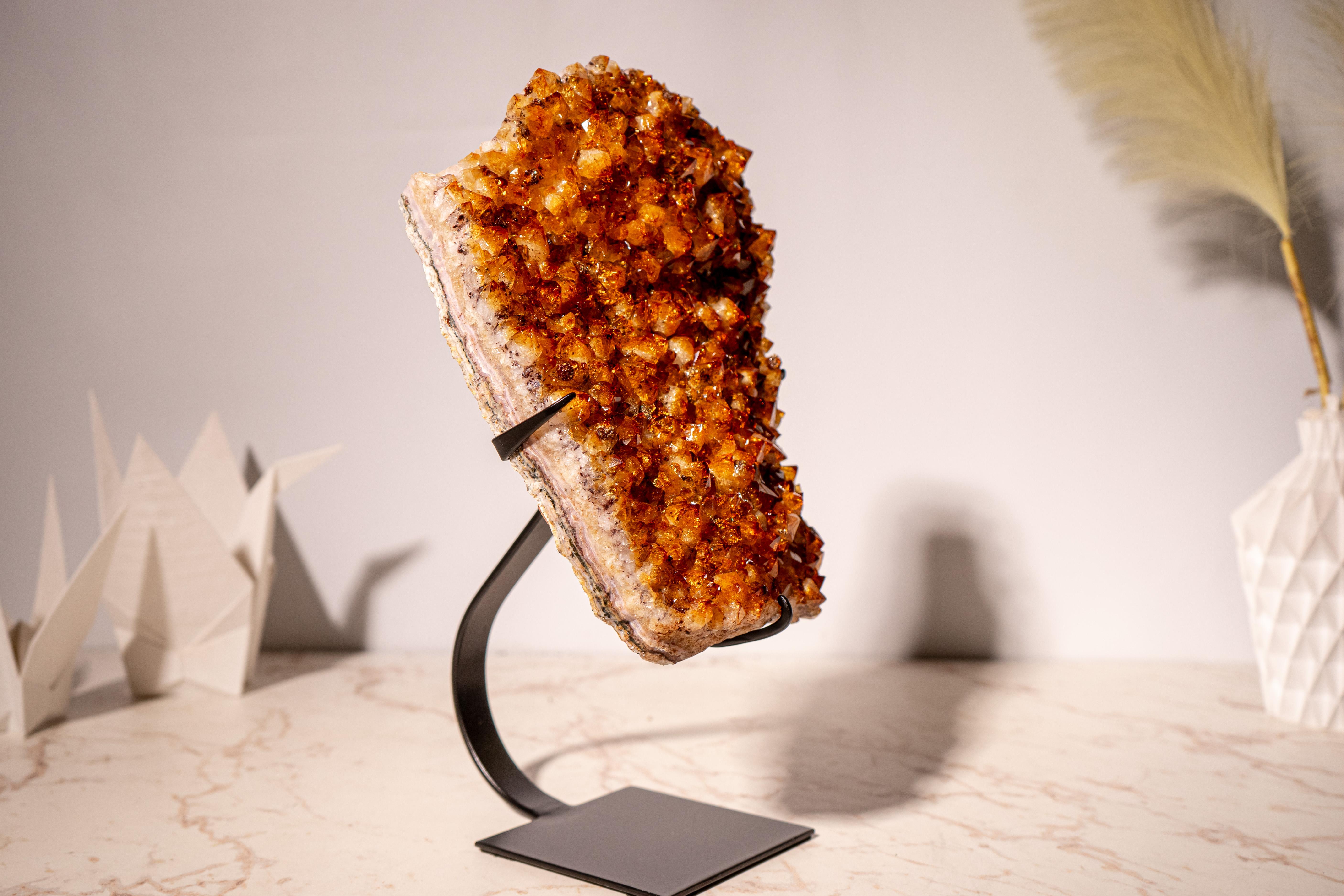 Citrine Cluster with Sparkly, Intense Golden Orange Druzy on Custom Metal Stand For Sale 3