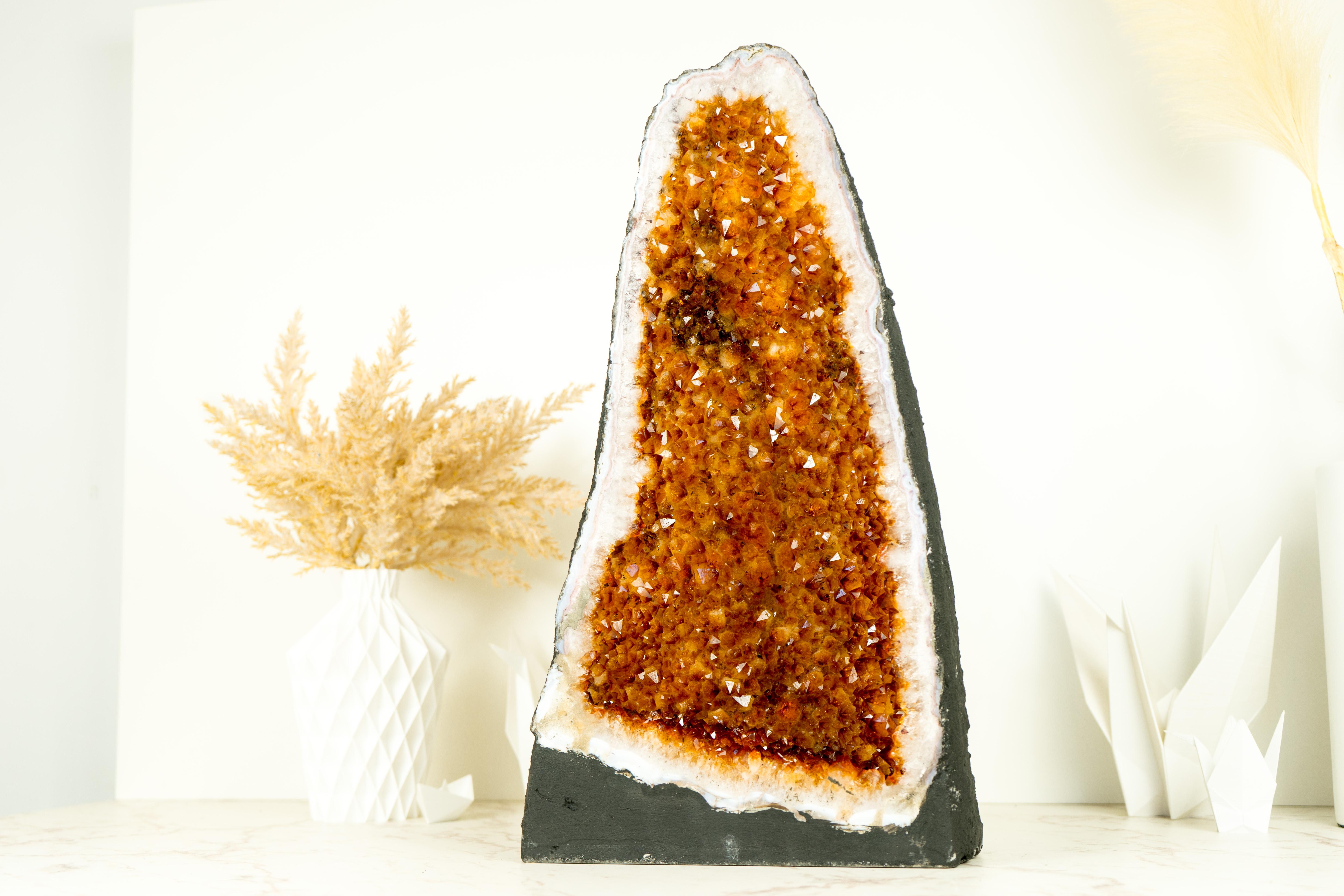 Brazilian AAA Grade Citrine Geode Cathedral with Sparkly, Rich Orange Druzy For Sale