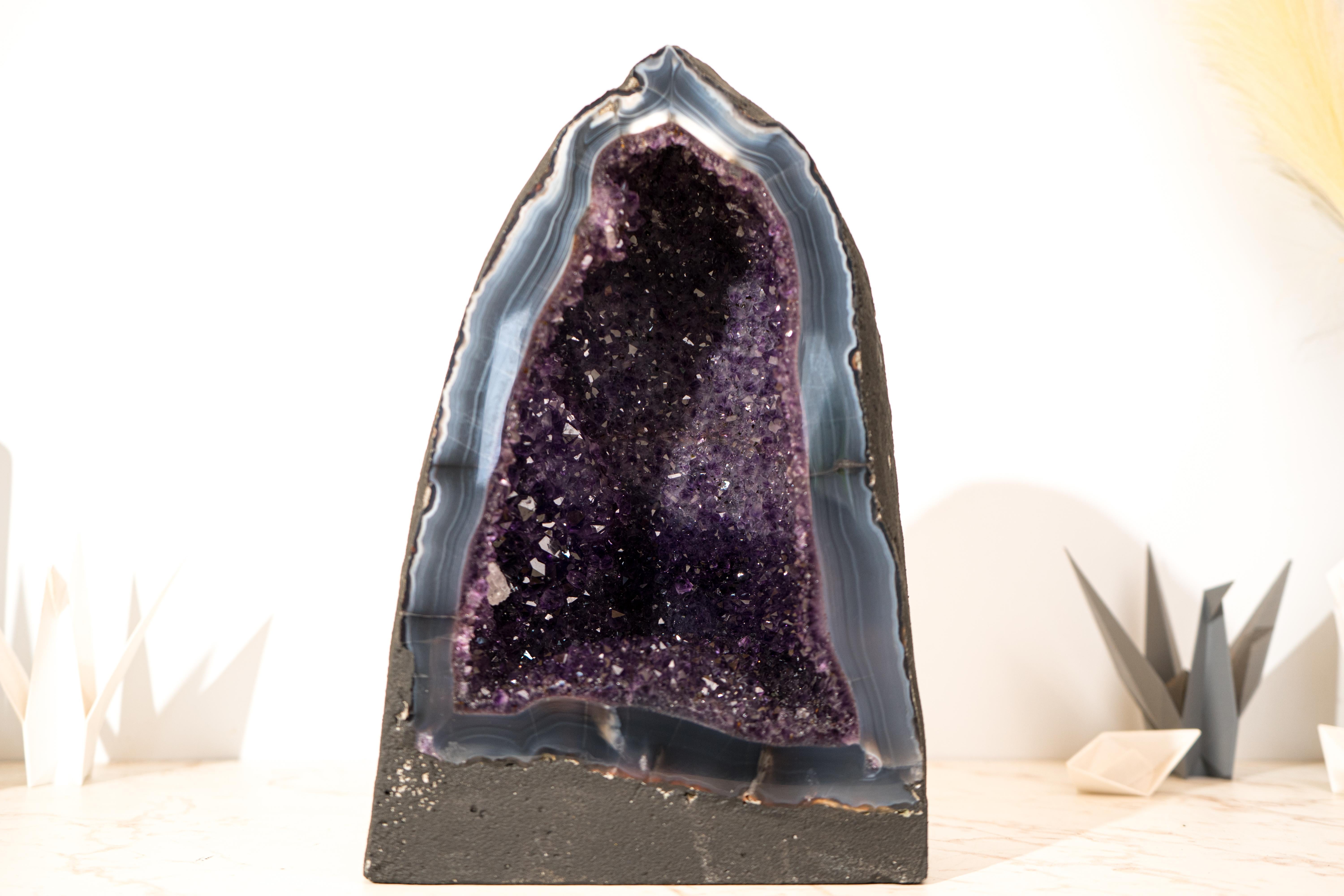 Brazilian AAA-Grade Deep Purple Amethyst Geode on Intact Blue Lace Agate Lace Matrix For Sale