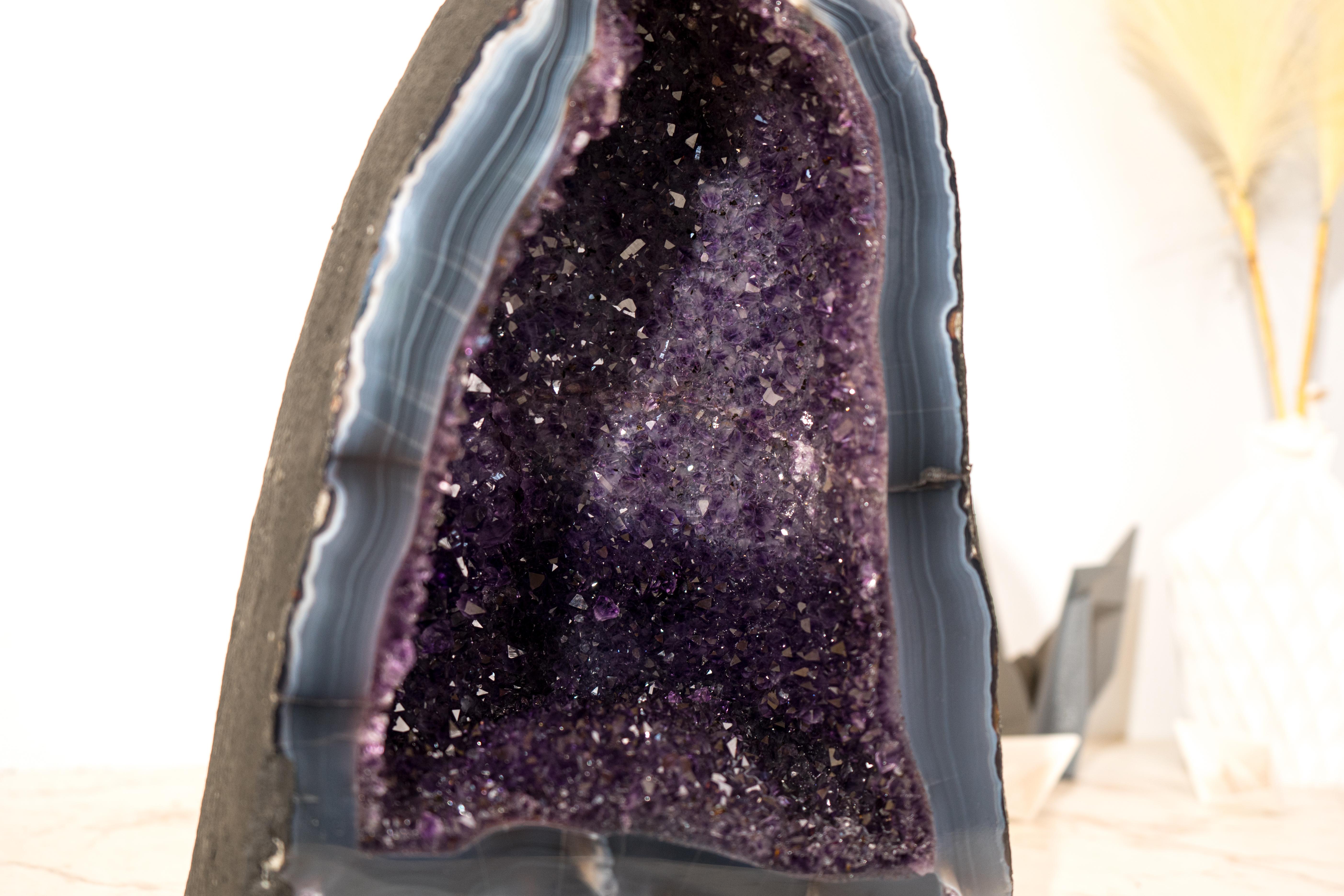 Contemporary AAA-Grade Deep Purple Amethyst Geode on Intact Blue Lace Agate Lace Matrix For Sale