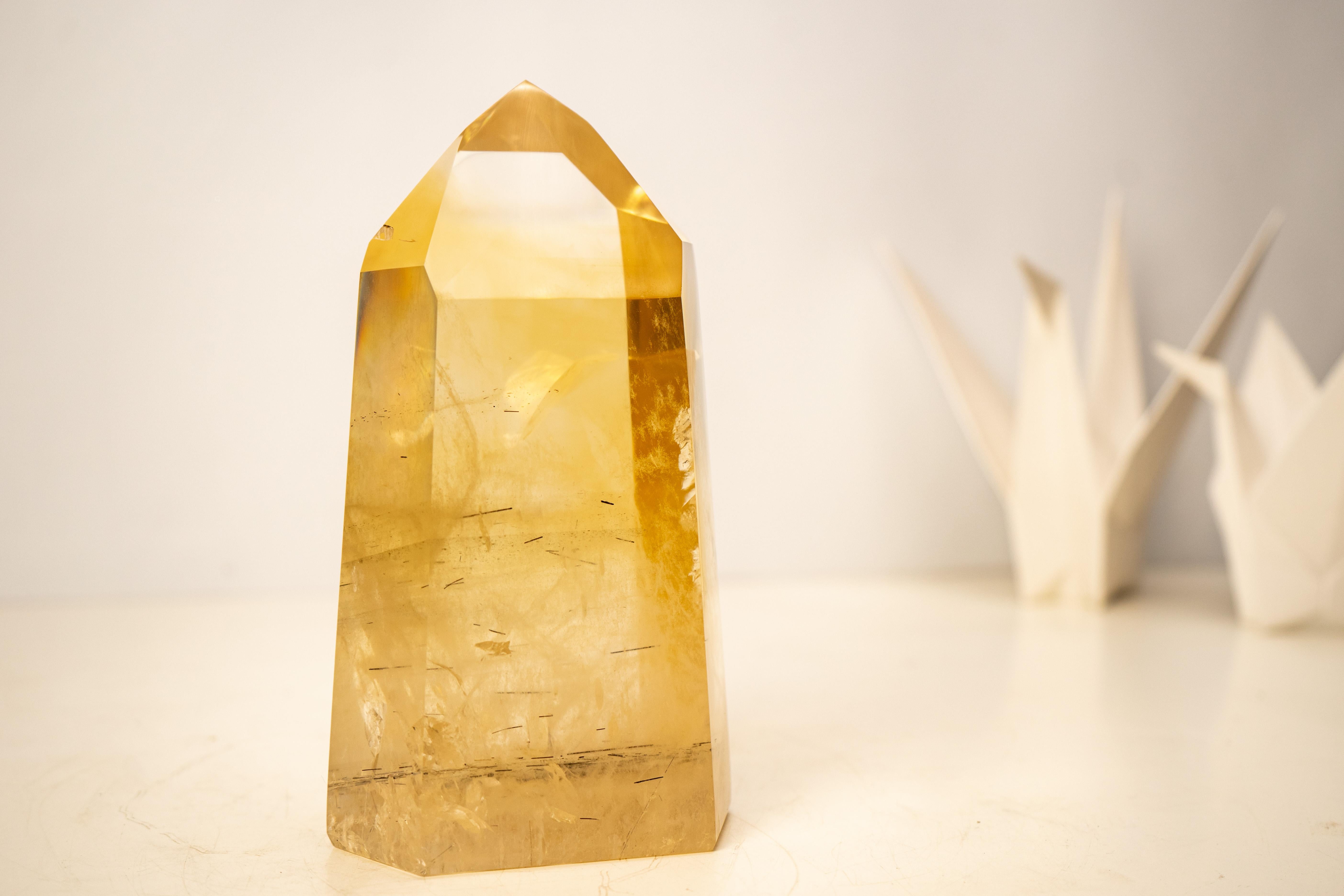 AAA-Grade Golden Honey Citrine Obelisk with Graphite Rutile Inclusions For Sale 4