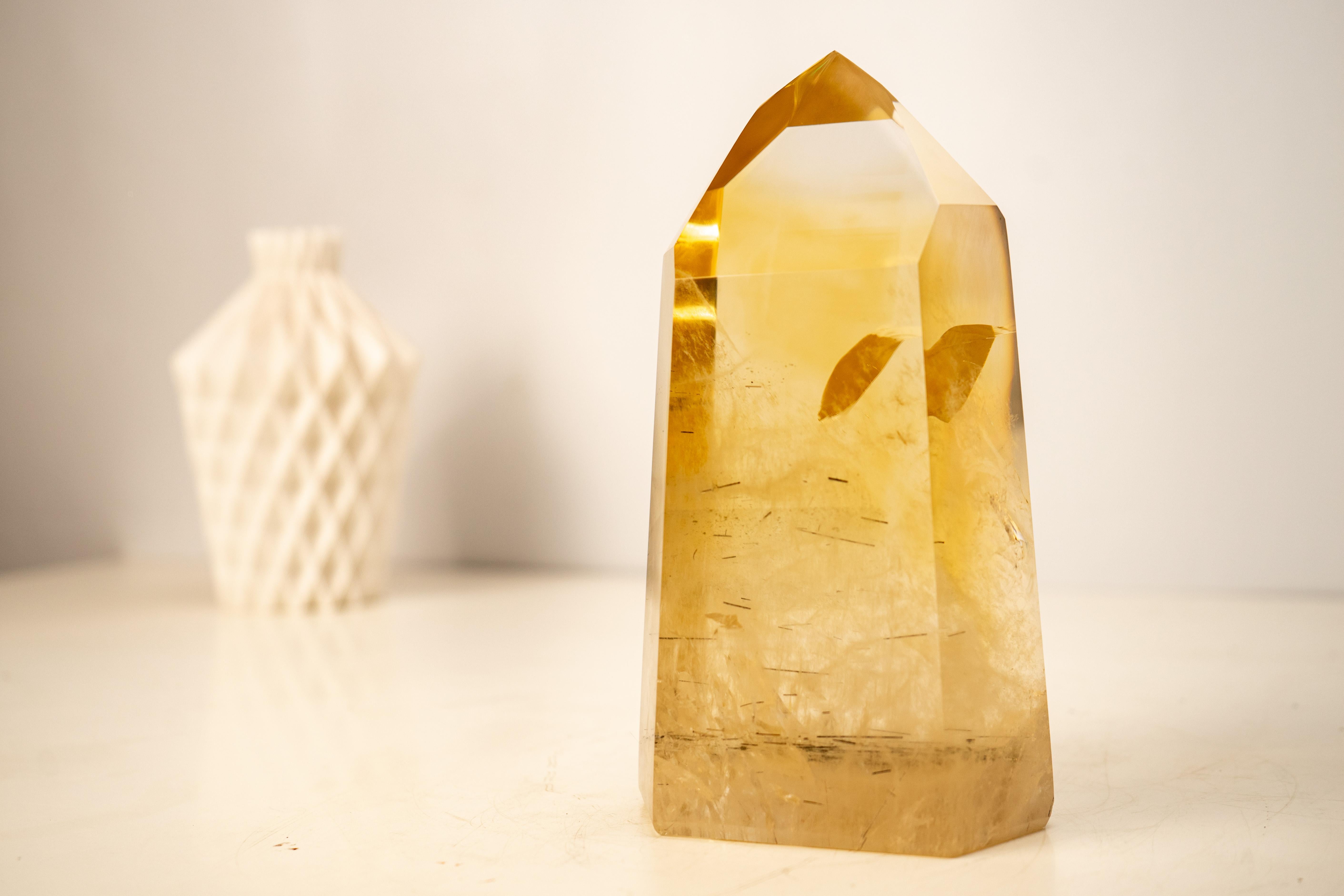 AAA-Grade Golden Honey Citrine Obelisk with Graphite Rutile Inclusions For Sale 3