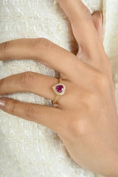 AAA Heart Cut Ruby Diamond Halo Valentine Ring Gift in 18k Solid Yellow Gold