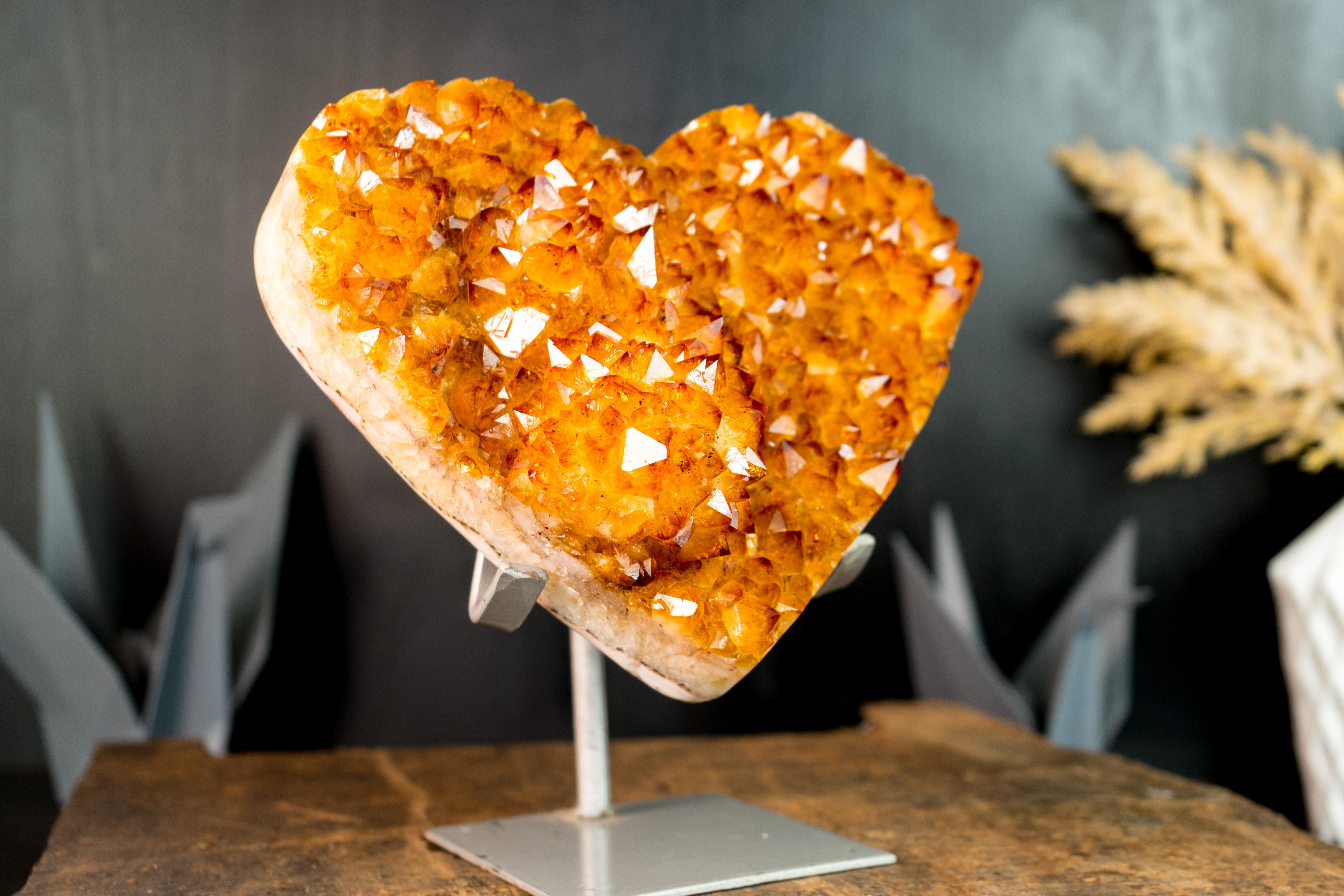 AAA Large Citrine Heart with Flower Rosette and Sparkly Golden Orange Druzy  For Sale 1