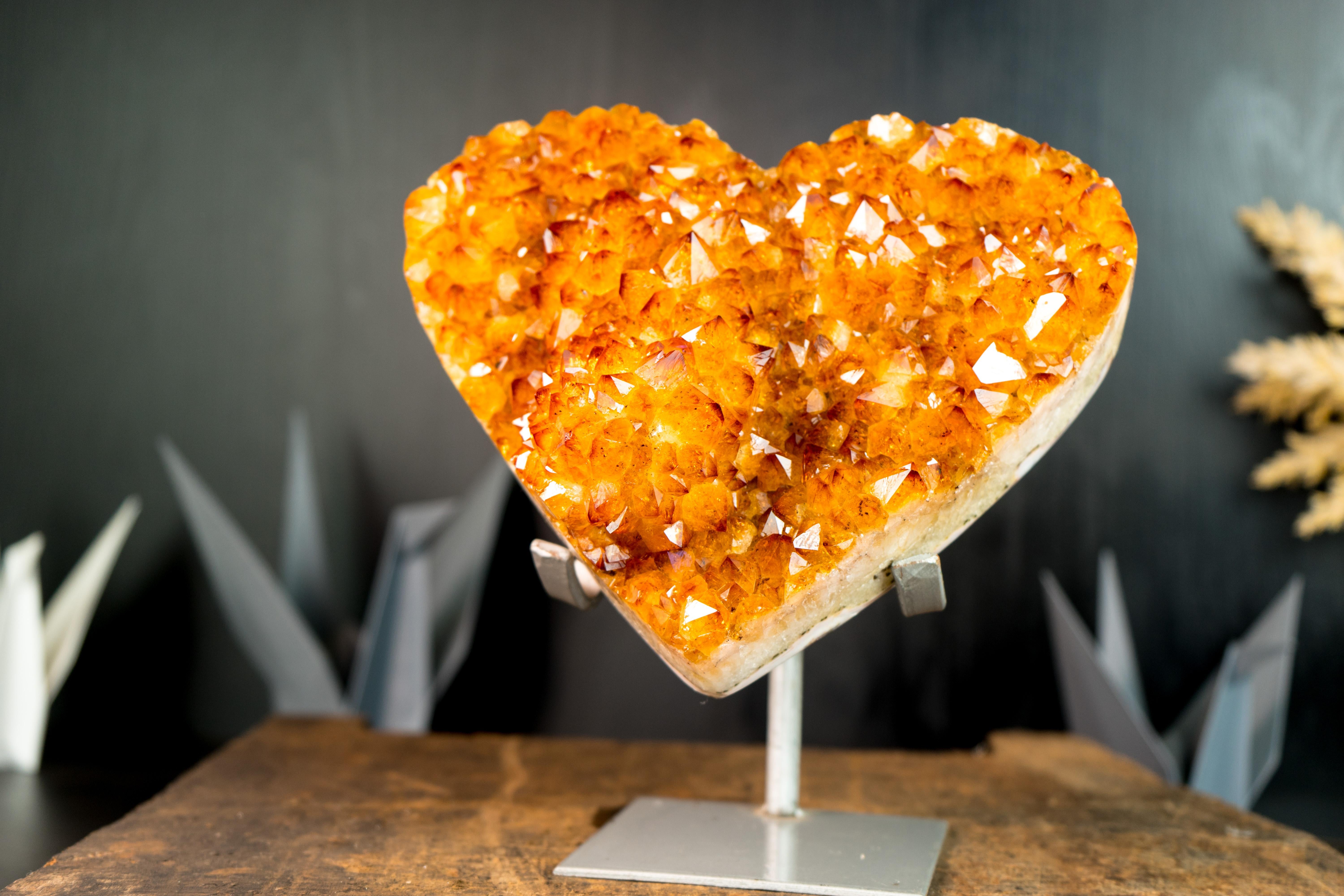 AAA Large Citrine Heart with Flower Rosette and Sparkly Golden Orange Druzy  For Sale 2