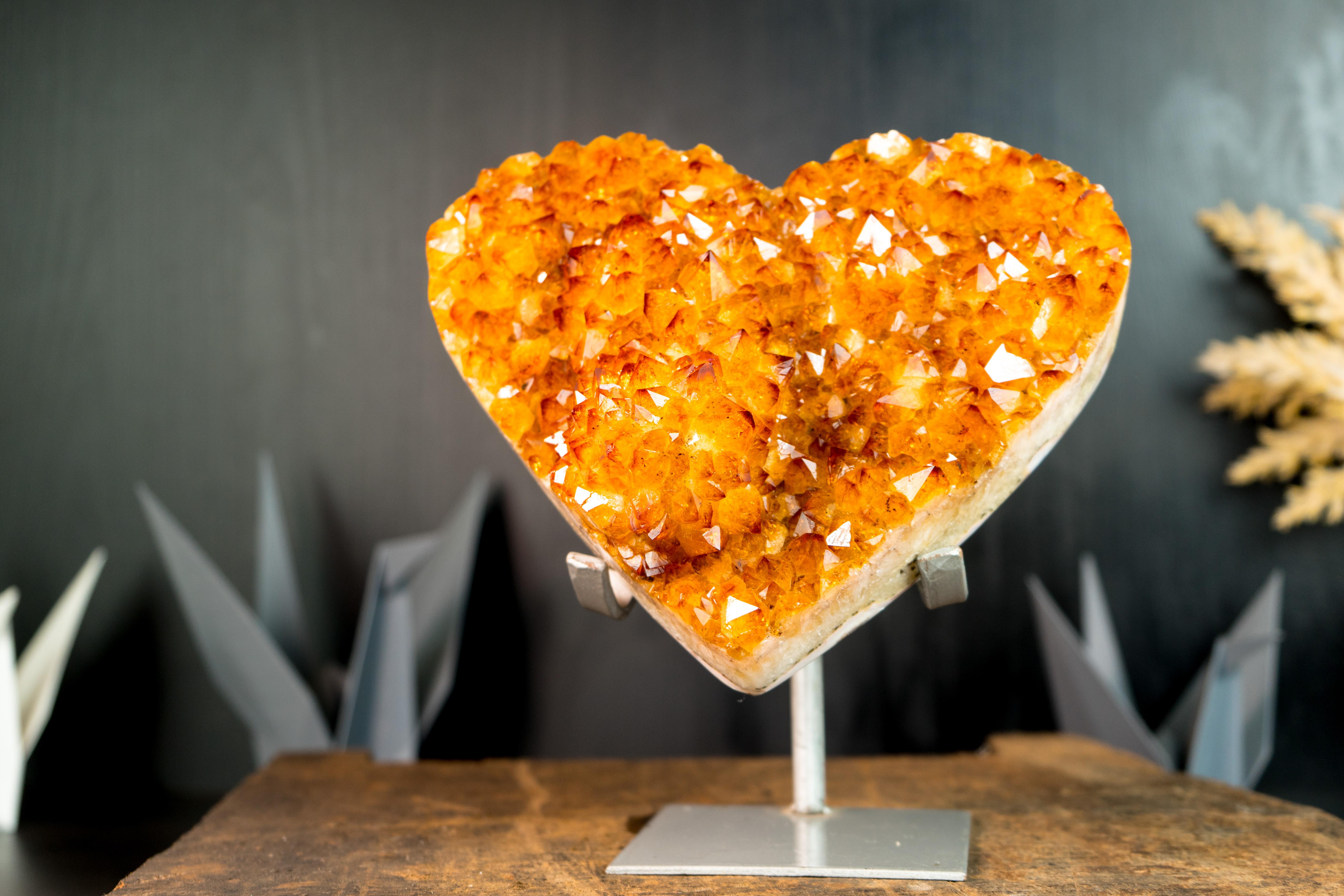 AAA Large Citrine Heart with Flower Rosette and Sparkly Golden Orange Druzy  For Sale 3