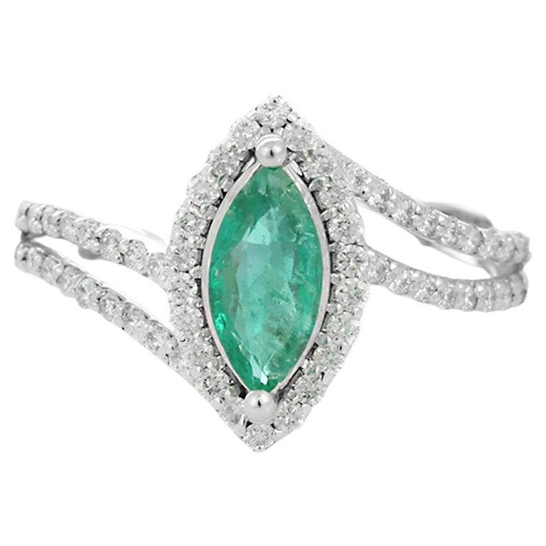 For Sale:  AAA Marquise Emerald Diamond Wedding Ring in 18k Solid White Gold 10