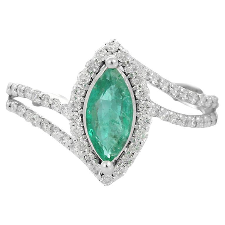 AAA Marquise Emerald Diamond Wedding Ring in 18k Solid White Gold