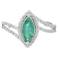 Bague de mariage en or blanc massif 18k avec émeraude marquise AAA et diamant
