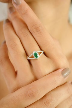 AAA Marquise Emerald Split Shank Ring with Diamond 18K Yellow Gold for Women