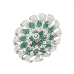 AAA Natural Emerald Diamond Flower Brooch Unisex Gifts in 18k Solid White Gold