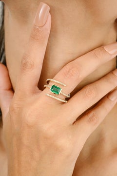 AAA Octagon Emerald Diamond Spring Spiral Ring for Her in 14k Solid Yellow Gold