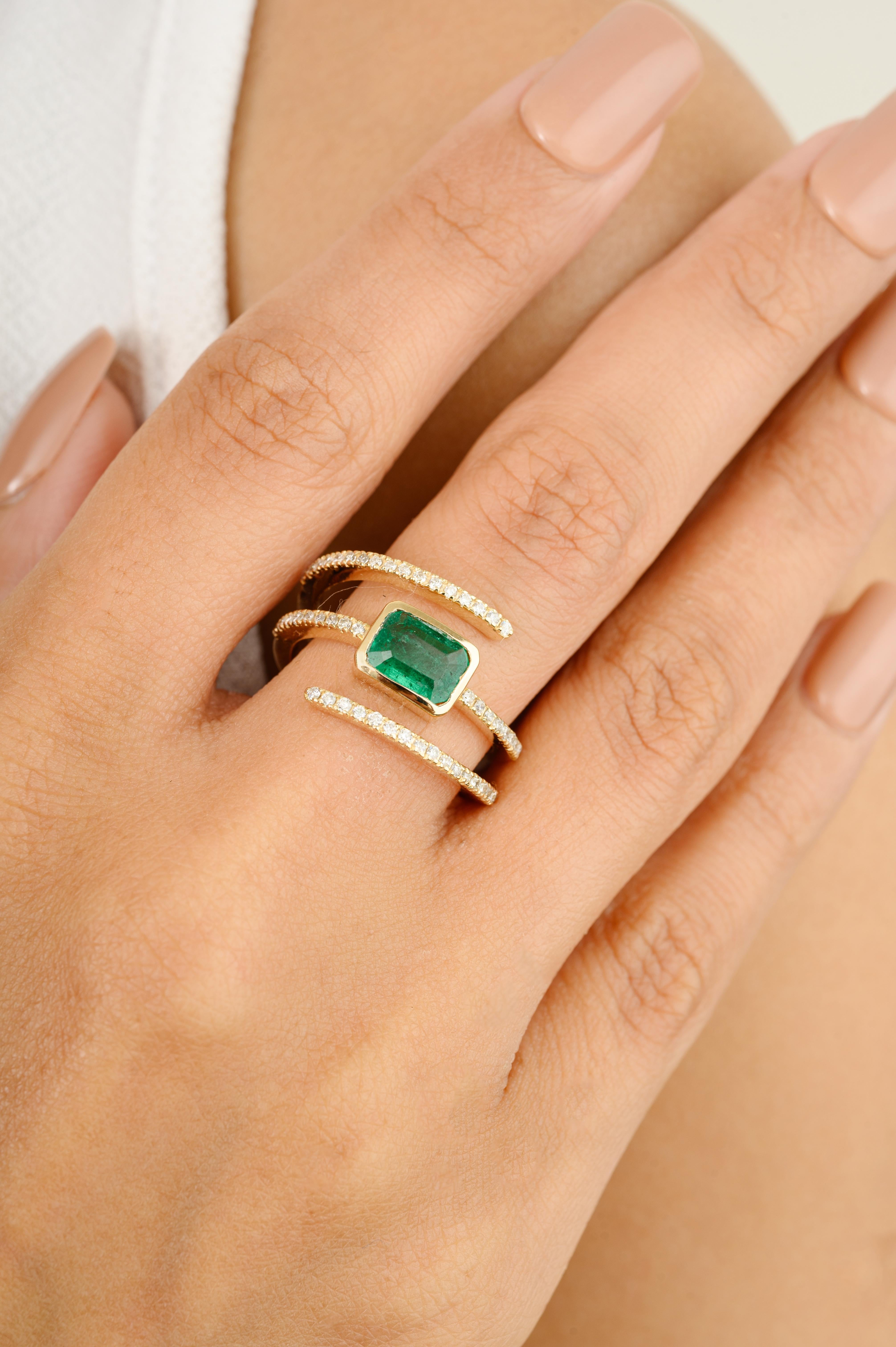 For Sale:  AAA Octagon Emerald Diamond Spring Spiral Ring for Her in 14k Solid Yellow Gold 4