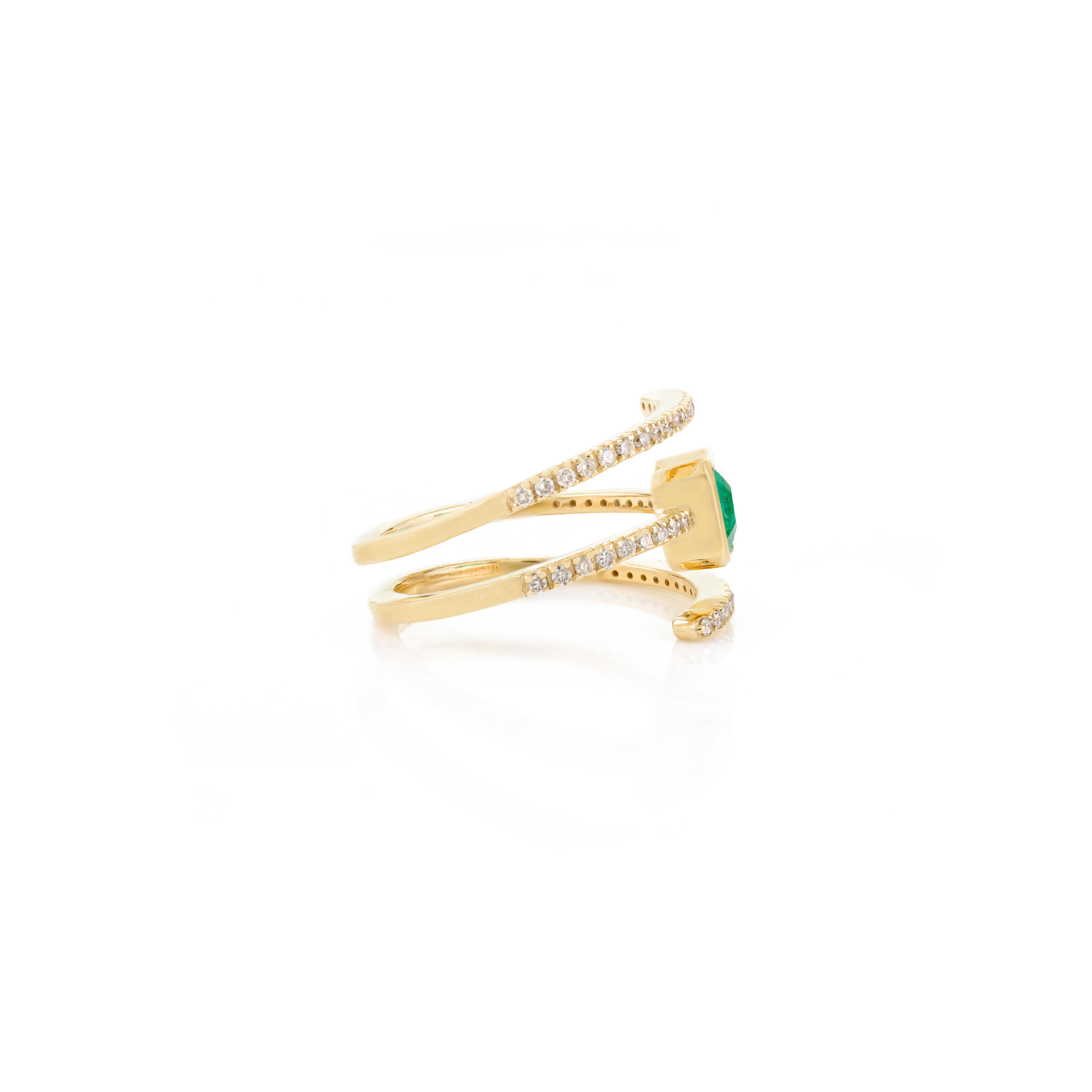 For Sale:  AAA Octagon Emerald Diamond Spring Spiral Ring for Her in 14k Solid Yellow Gold 6