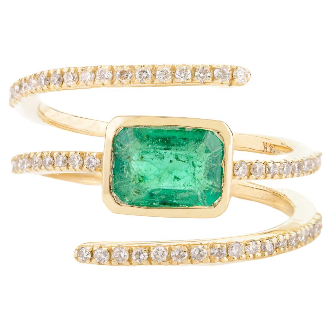 For Sale:  AAA Octagon Emerald Diamond Spring Spiral Ring for Her in 14k Solid Yellow Gold