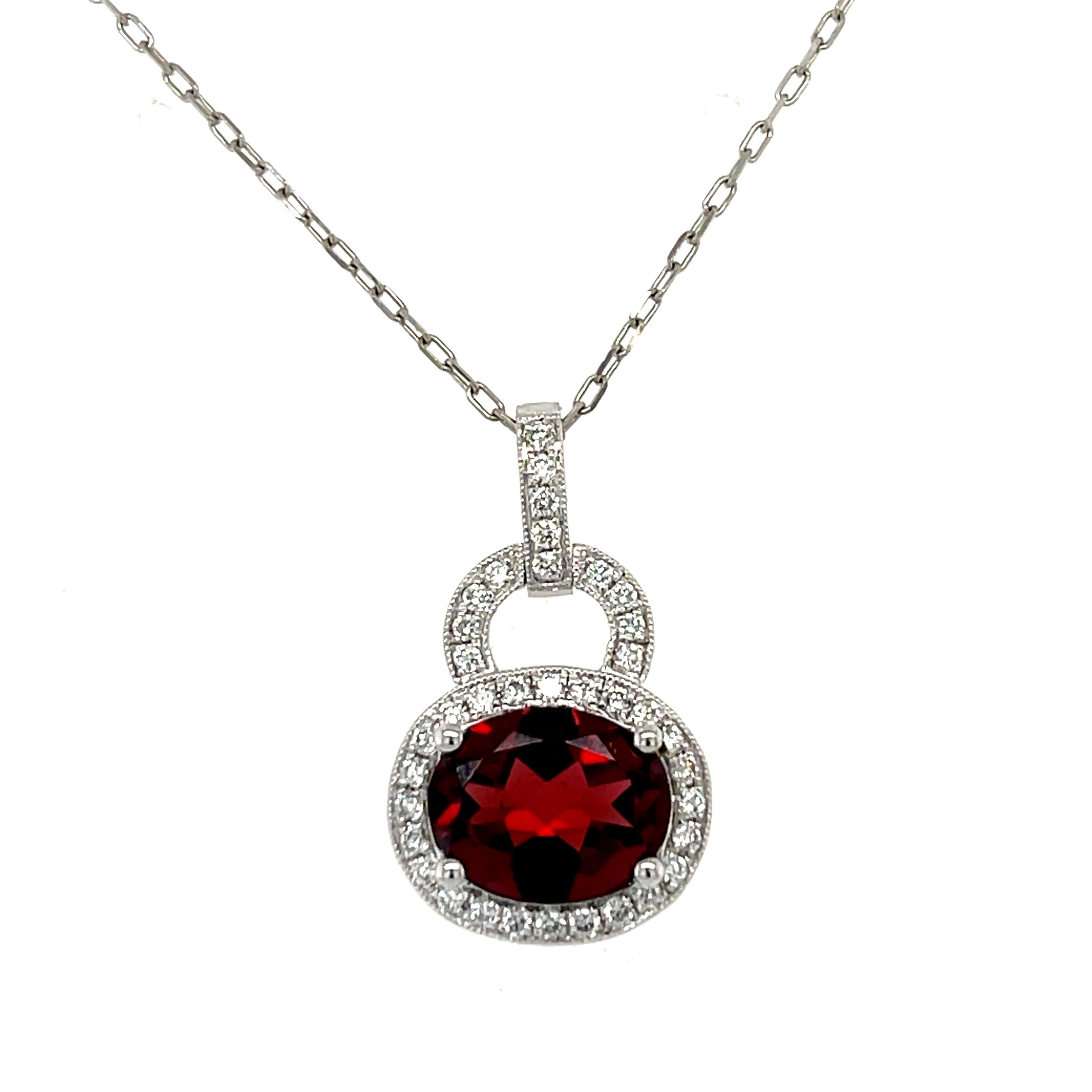 Women's or Men's AAA Oval Garnet and Diamond Halo Pendant in 14KW Gold For Sale