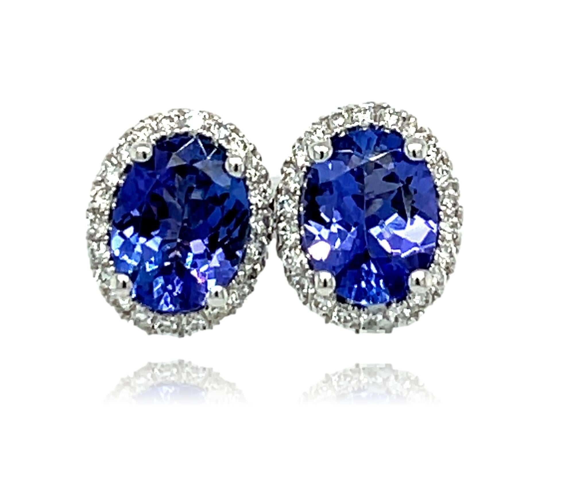 Oval Cut AAA Oval Tanzanite and Diamond 14K White Gold Stud Earrings