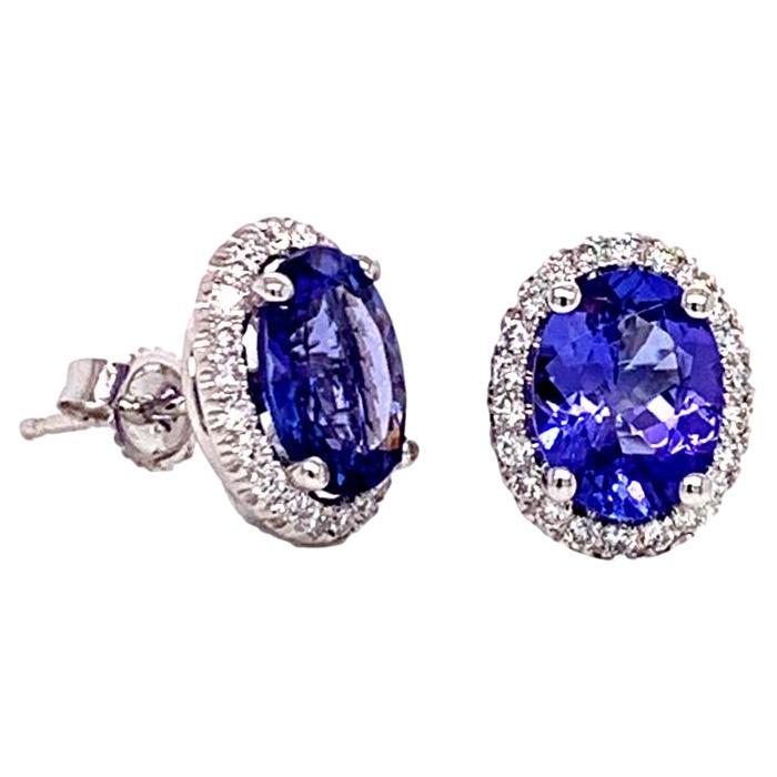 AAA Oval Tanzanite and Diamond 14K White Gold Stud Earrings