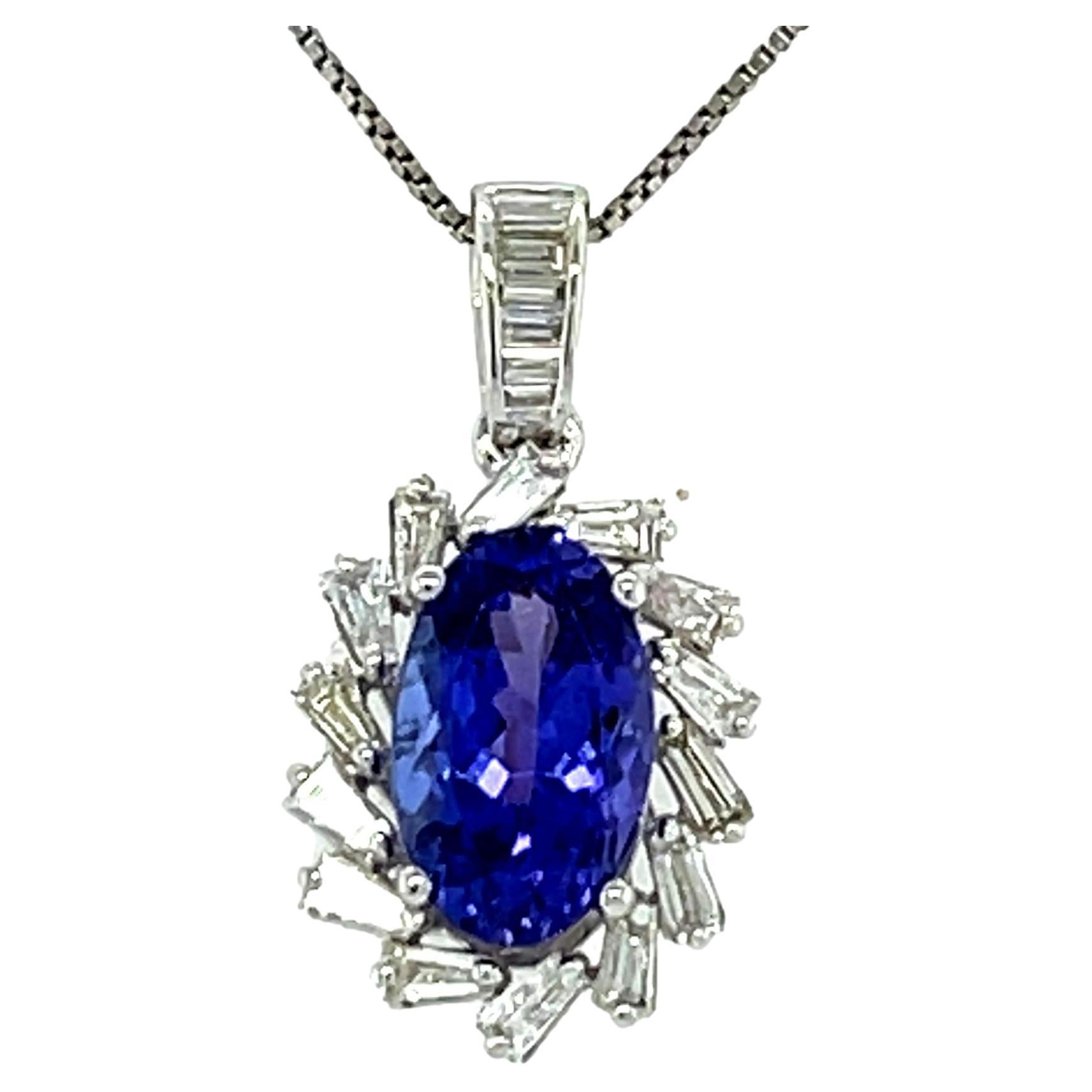  AAA Oval Tanzanite and Diamond Pendant in 18KW Gold  For Sale