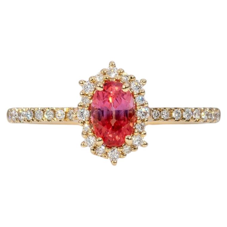 AAA Padparadscha Sapphire Ring with Earth-Mined Diamond Accents: Solid 14K Gold For Sale