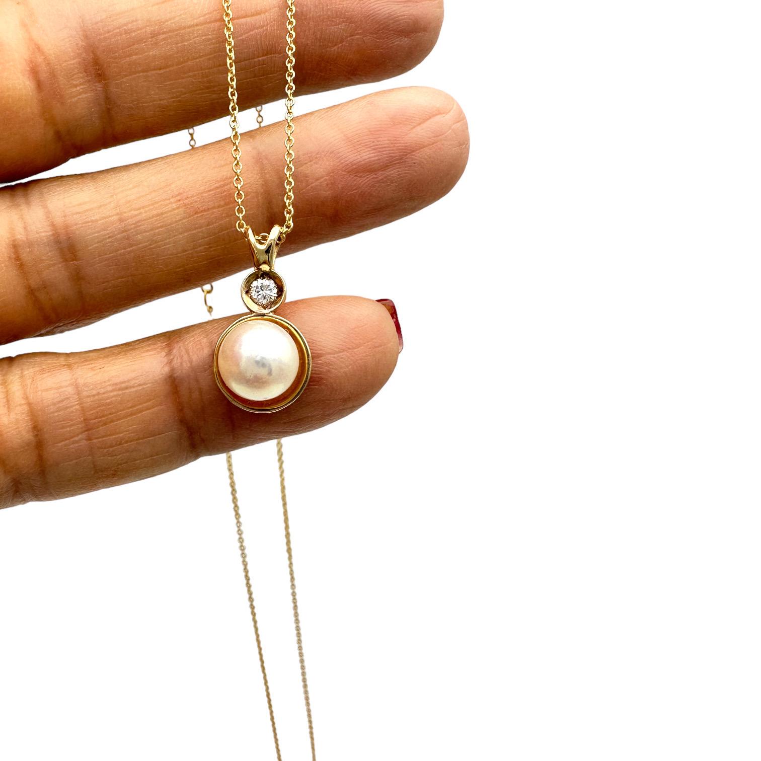 Bead AAA Quality 8.20mm Cultured White Pearl and Diamond Pendant For Sale