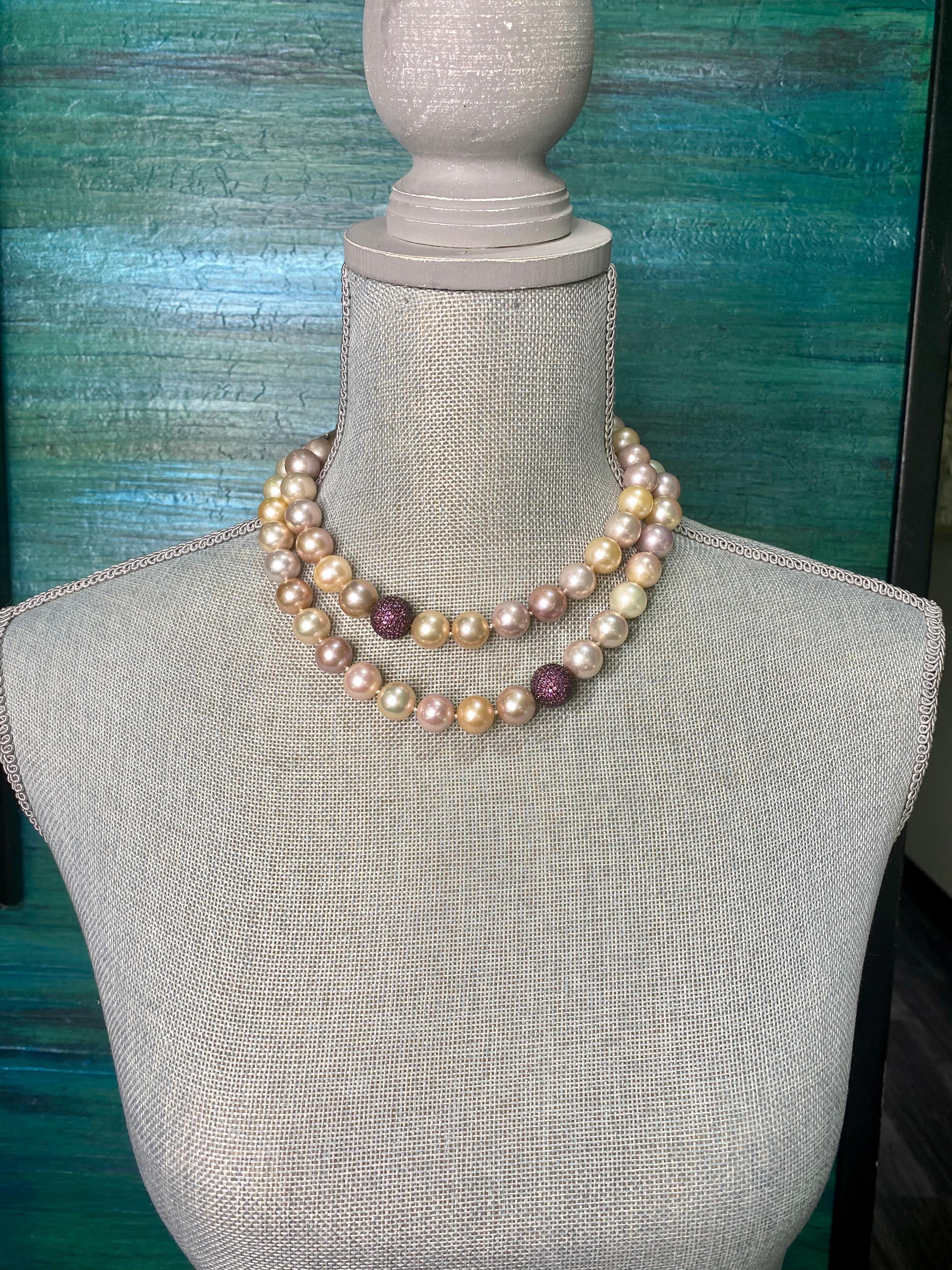 This beautiful pearl necklace is made with naturally colored pastel, round Edison pearl necklace with a metallic luster perfectly accented with pave' pink sapphire beads and clasp set in oxidized sterling silver.  Pearls are large, 12-14mm in size,