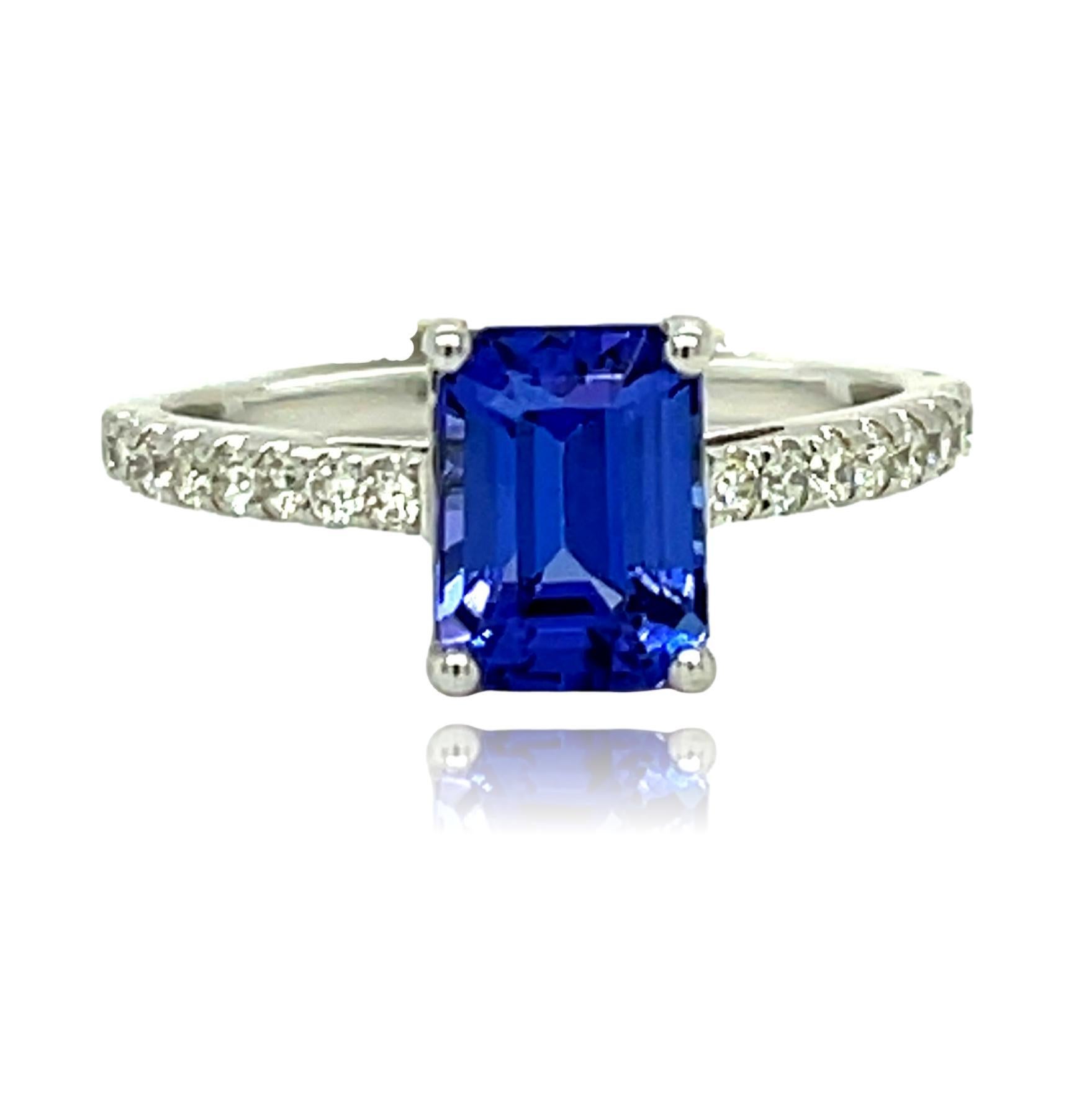 This stunning ring has a royal blue emerald cut AAA quality Tanzanite with top quality diamonds on the shank and is set in 18K white gold. It comes in a beautiful box ready for the perfect gift!

18KW:            2.65 gms
Tanz wt:         2.0