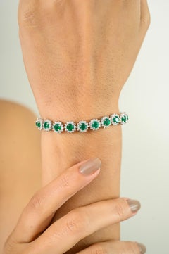 Natural Green Onyx Halo CZ Tennis Bracelet Set in 925 Silver Jewelry for Gifts