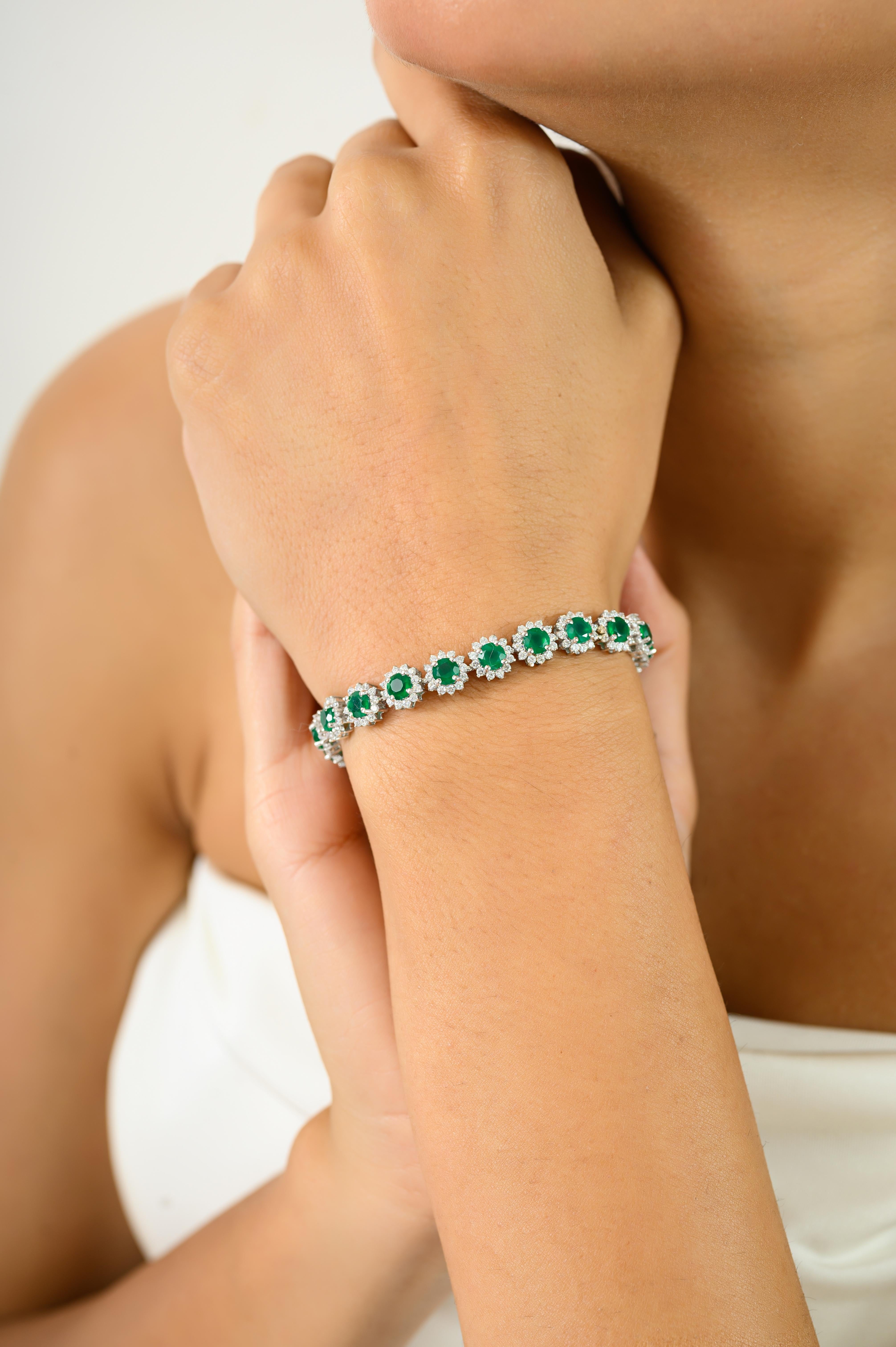 Pulsera de tenis con halo de circonitas y esmeralda de calidad AAA para ella en plata 925 Corte redondo en venta